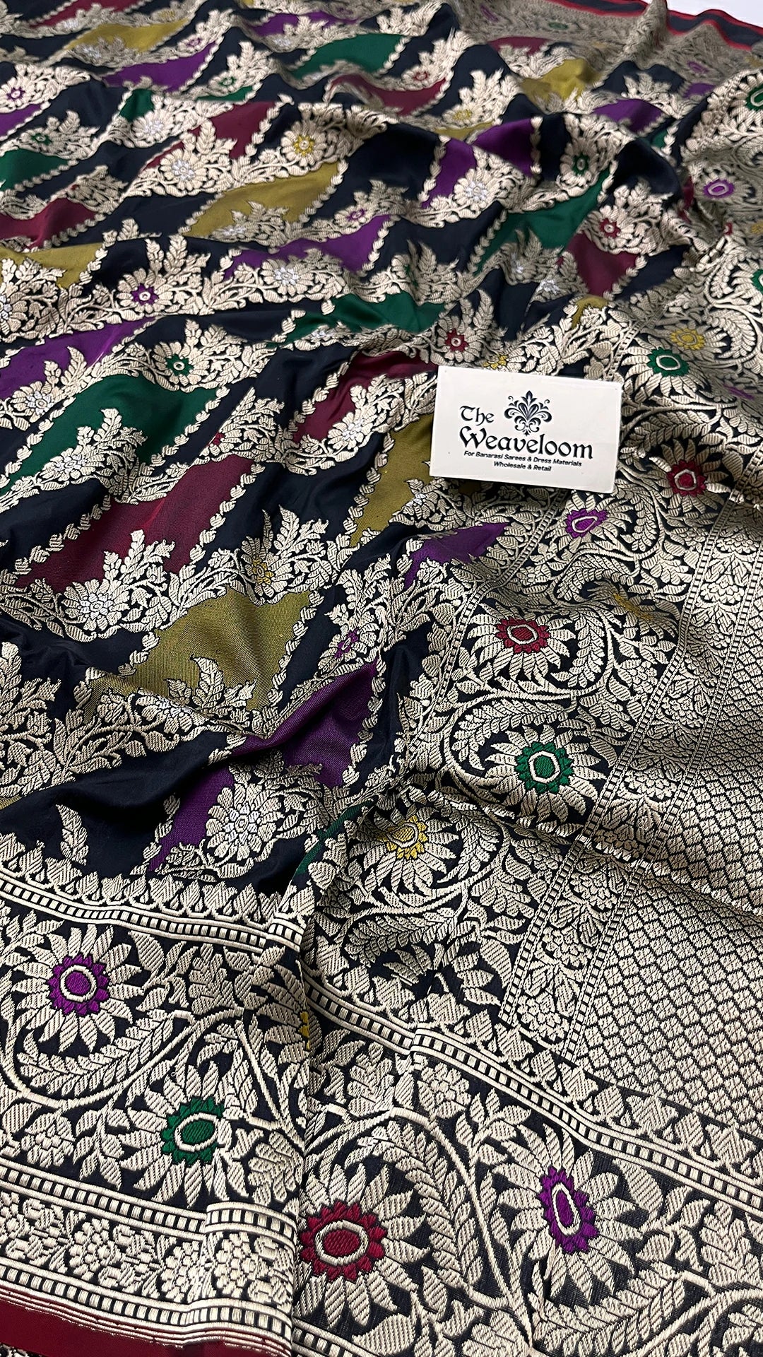 Rangkat Multicolor Diagonal Pattern Pure Katan Silk Banarasi Saree with Meenakari by The Weaveloom