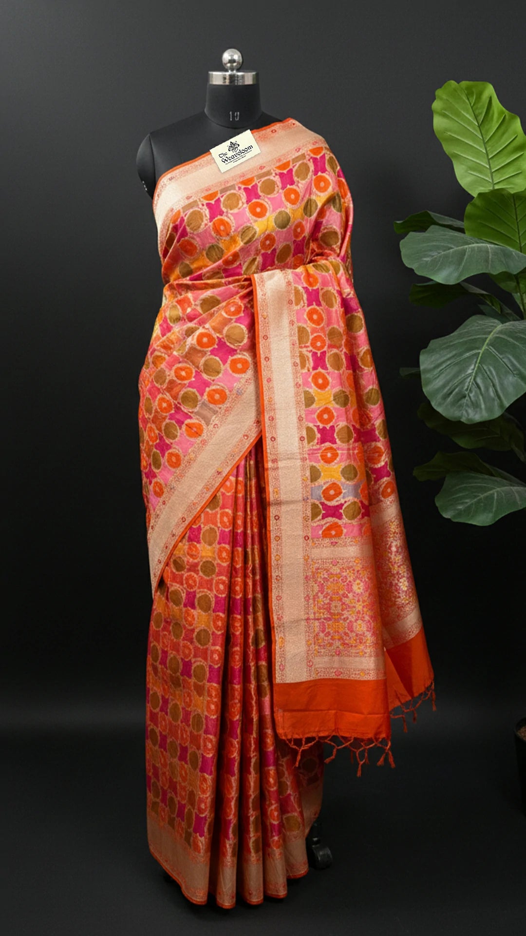 Rangkat Multicolor Orange Circular Motif Pure Katan Silk Banarasi Saree by The Weaveloom