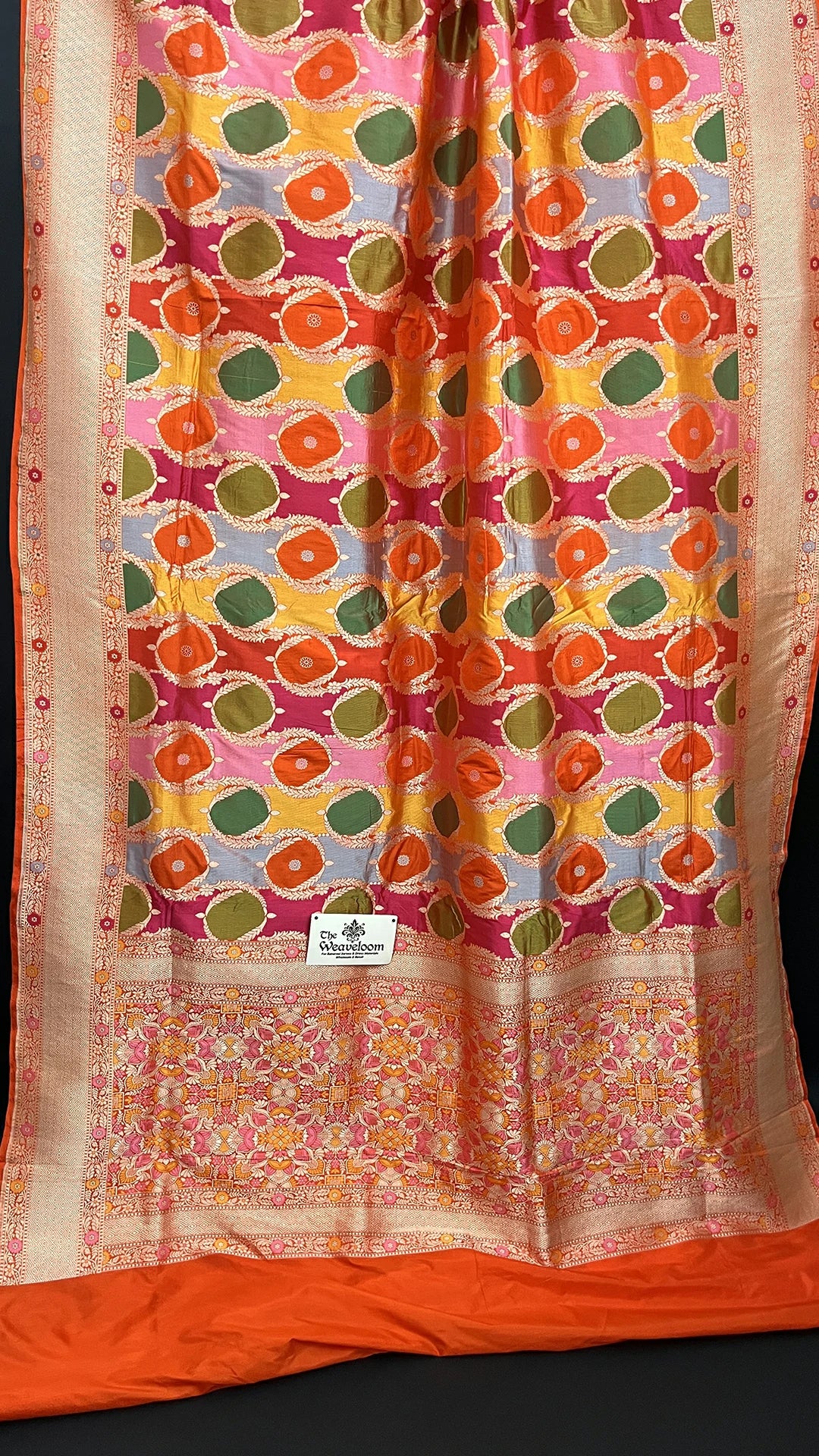 Rangkat Multicolor Orange Circular Motif Pure Katan Silk Banarasi Saree by The Weaveloom
