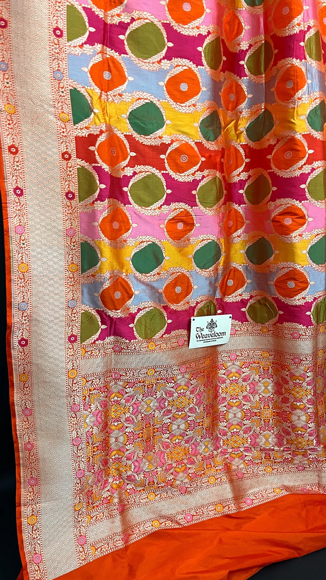 Rangkat Multicolor Orange Circular Motif Pure Katan Silk Banarasi Saree by The Weaveloom