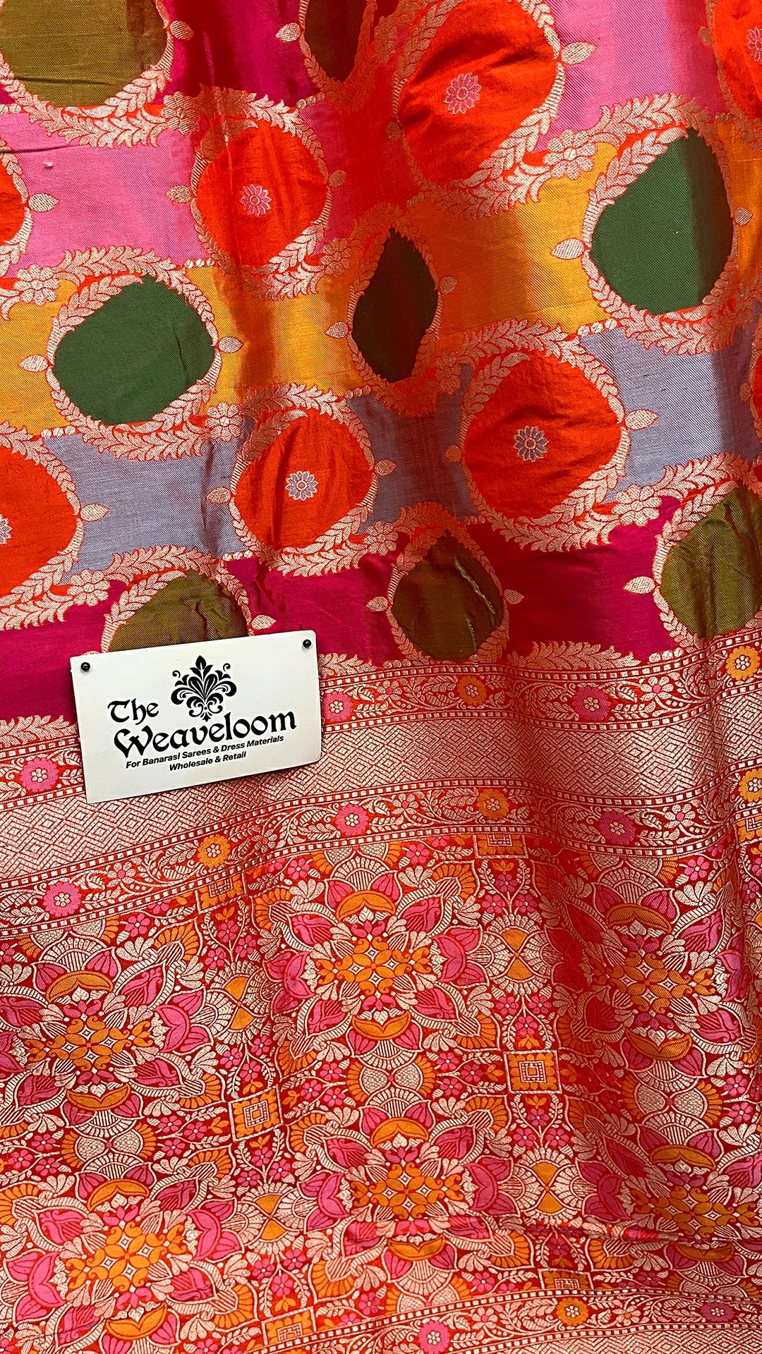 Rangkat Multicolor Orange Circular Motif Pure Katan Silk Banarasi Saree by The Weaveloom