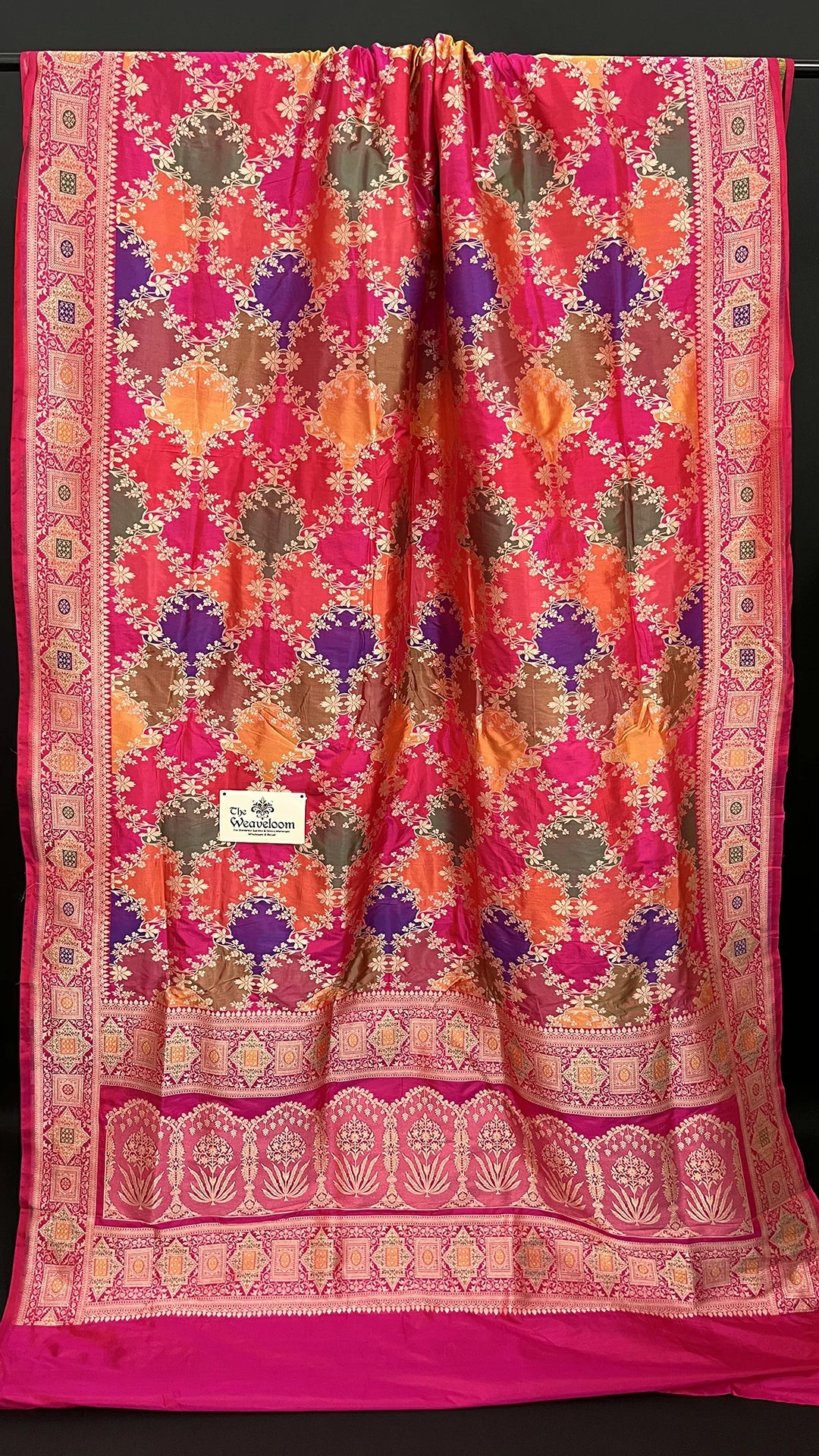 Rangkat Multicolor Pink Floral Zari Katan Silk Pure Banarasi Saree by The Weaveloom