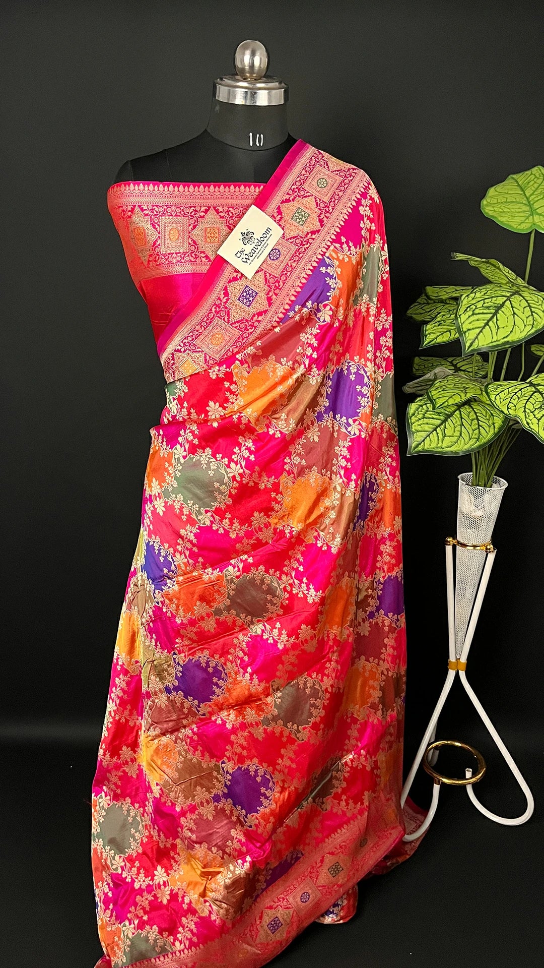 Rangkat Multicolor Pink Floral Zari Katan Silk Pure Banarasi Saree by The Weaveloom