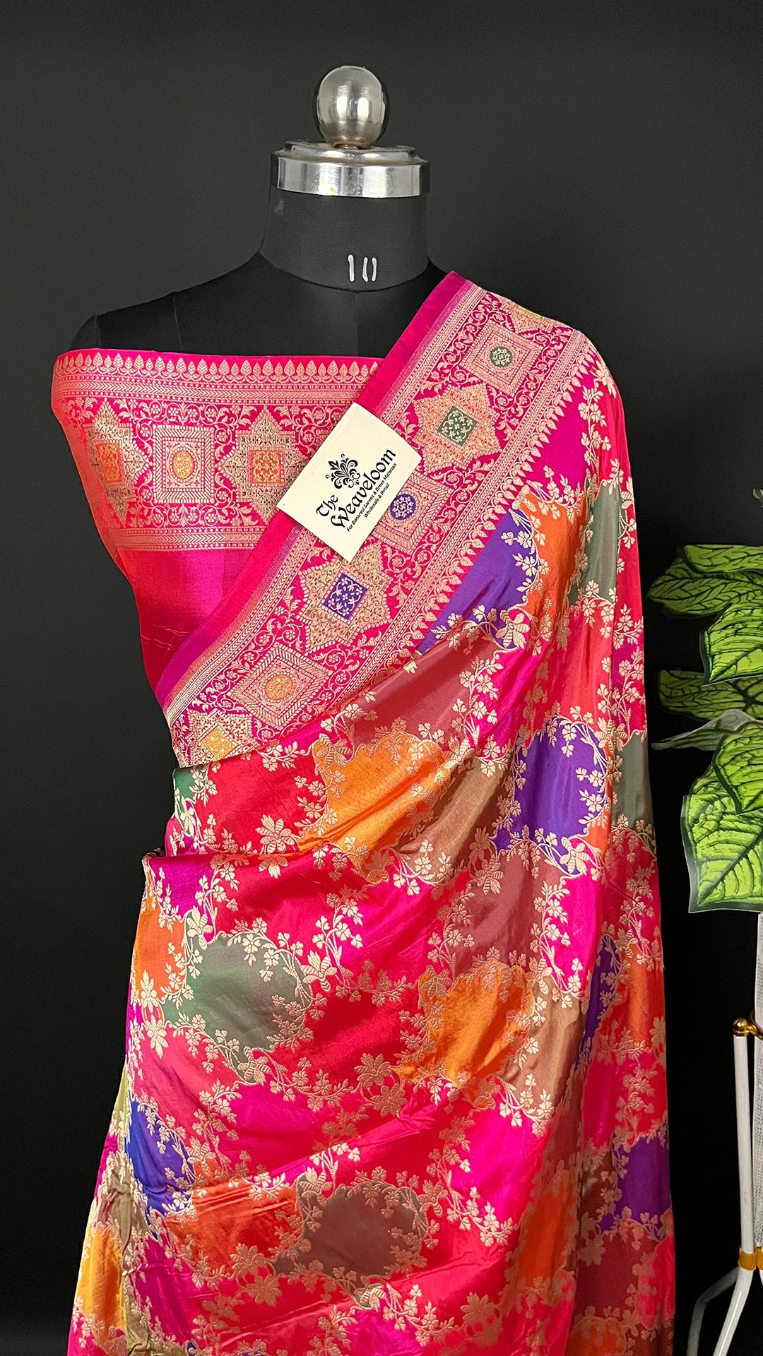 Rangkat Multicolor Pink Floral Zari Katan Silk Pure Banarasi Saree by The Weaveloom