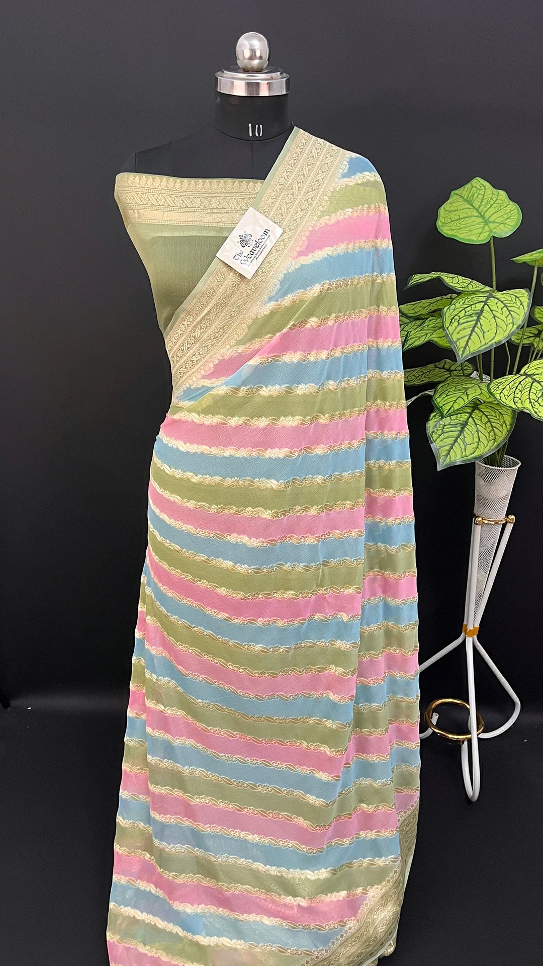Rangkat multicolor striped khaddi georgette pure Banarasi saree with water zari by The Weaveloom