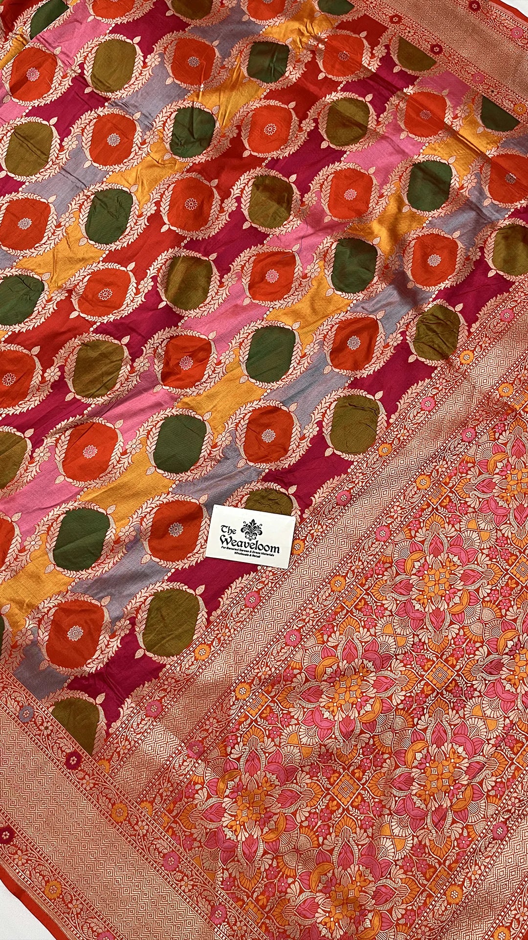 Rangkat Pure Katan Silk Banarasi Saree in Multicolor with Zari Border and Floral Pallu by The Weaveloom