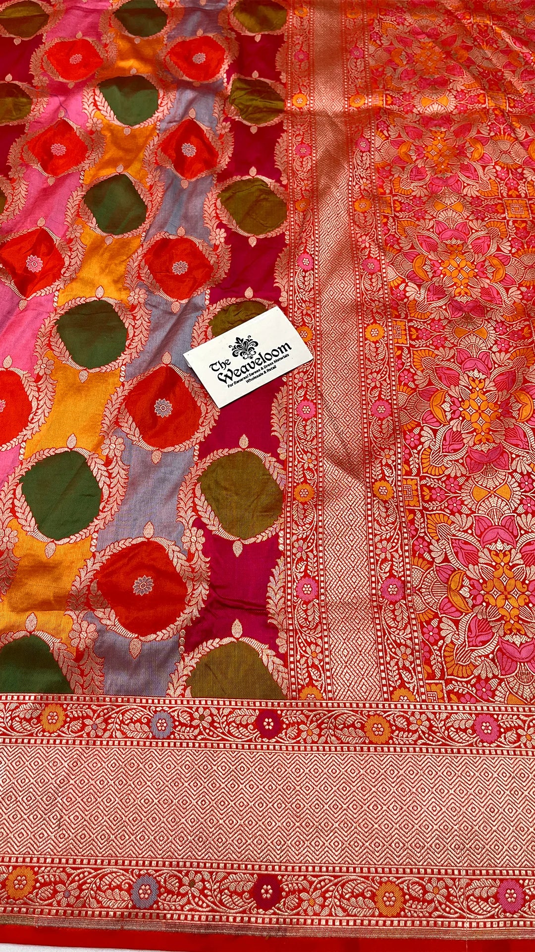 Rangkat Pure Katan Silk Banarasi Saree in Multicolor with Zari Border and Floral Pallu by The Weaveloom
