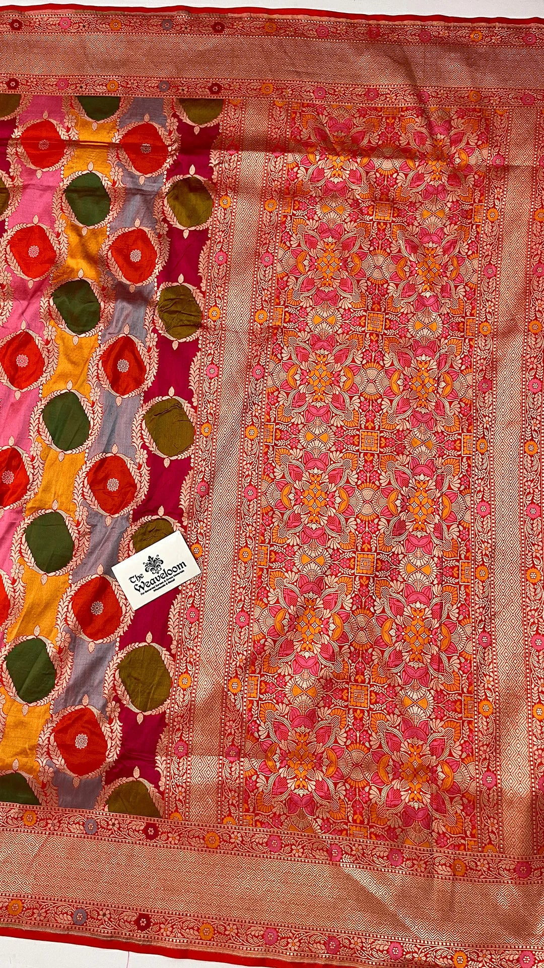 Rangkat Pure Katan Silk Banarasi Saree in Multicolor with Zari Border and Floral Pallu by The Weaveloom