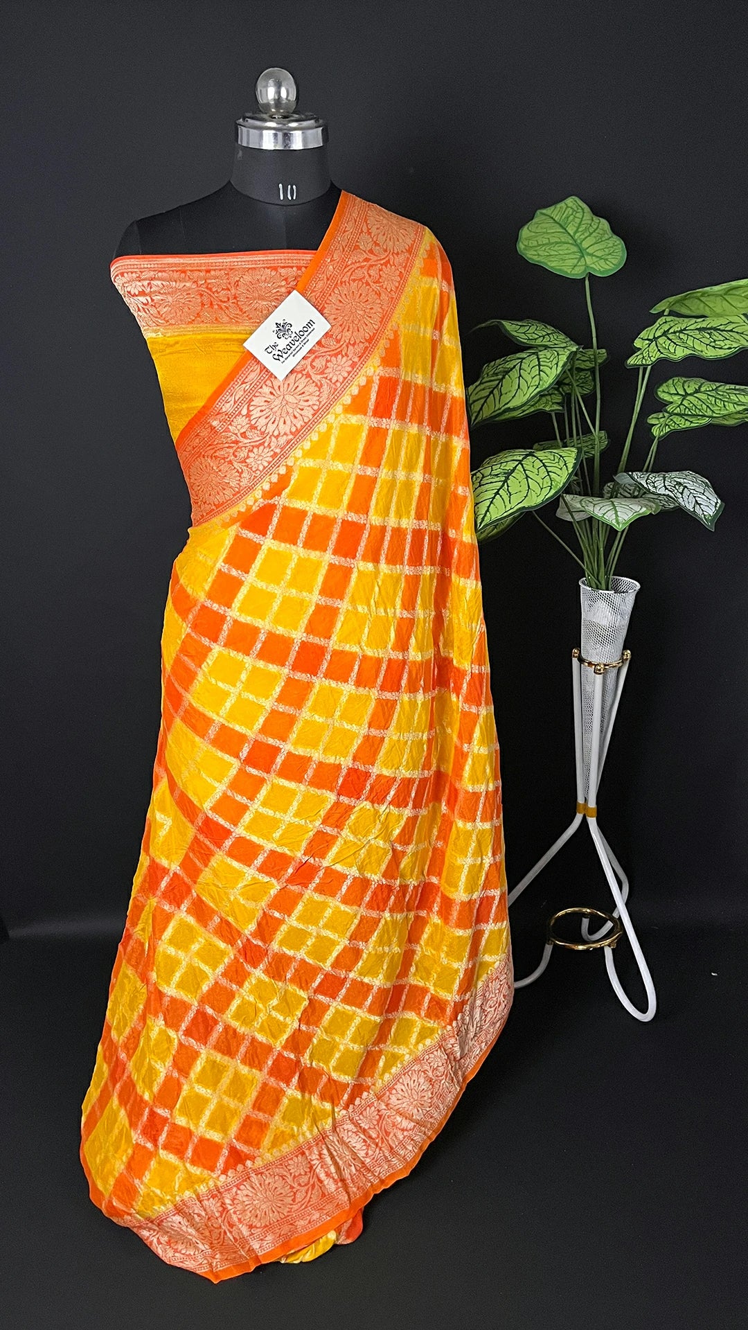 Rangkat Yellow Crepe Georgette Pure Banarasi Saree Multicolor Checked - The Weaveloom