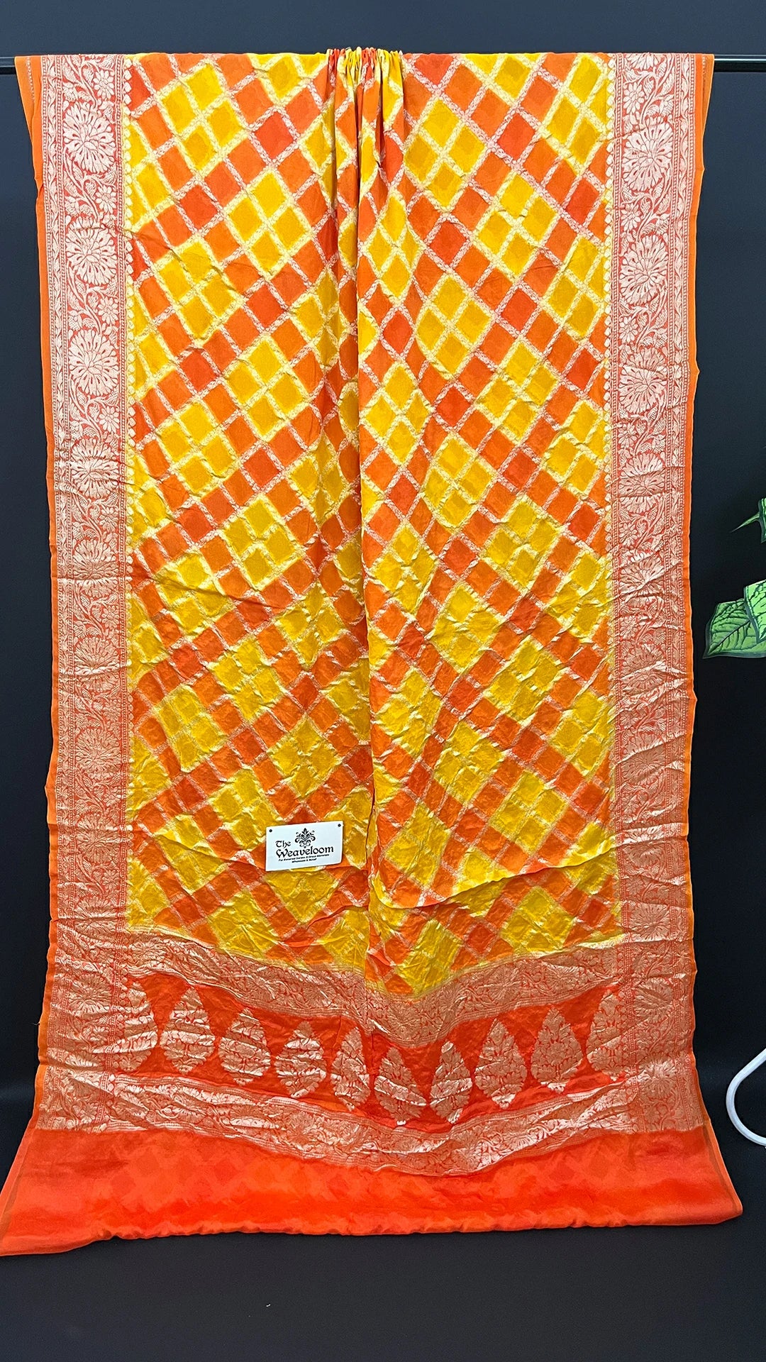 Rangkat Yellow Crepe Georgette Pure Banarasi Saree Multicolor Checked - The Weaveloom