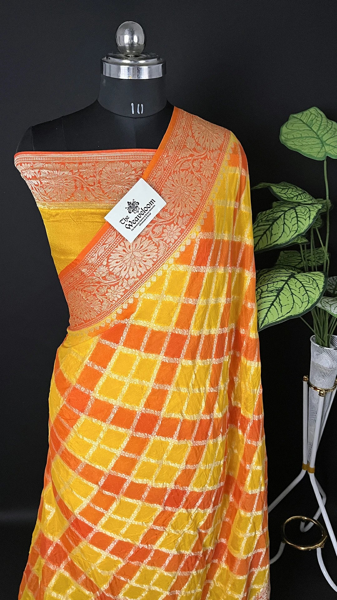 Rangkat Yellow Crepe Georgette Pure Banarasi Saree Multicolor Checked - The Weaveloom