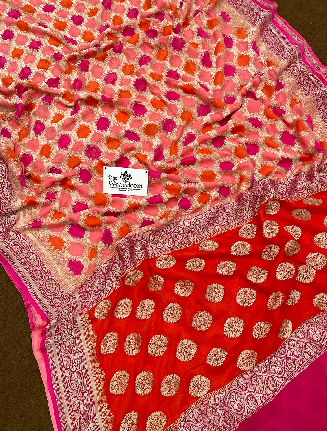 Rangkat Khaddi Georgette Pure Banarasi Saree in Blush Pink and Orange by The Weaveloom