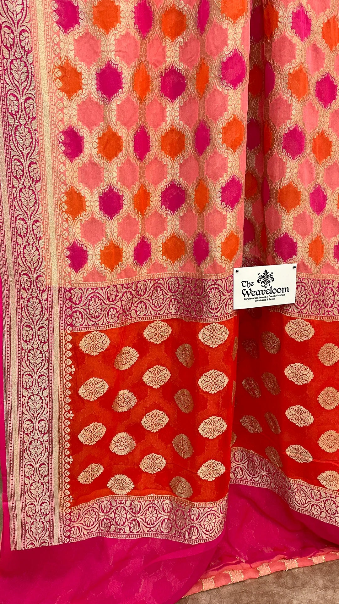 Rangkat Khaddi Georgette Pure Banarasi Saree in Blush Pink and Orange by The Weaveloom