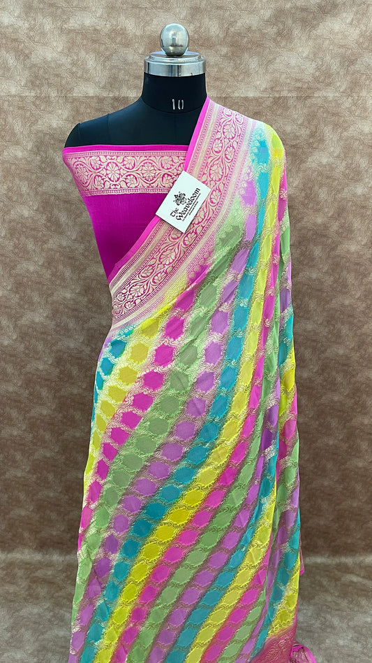 Rangkat Multicolor Pure Banarasi Saree by The Weaveloom with Water Zari and Floral Jaal Work