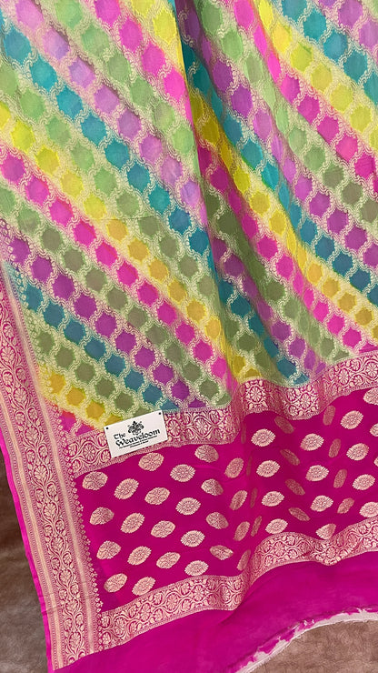 Rangkat Multicolor Pure Banarasi Saree by The Weaveloom with Water Zari and Floral Jaal Work