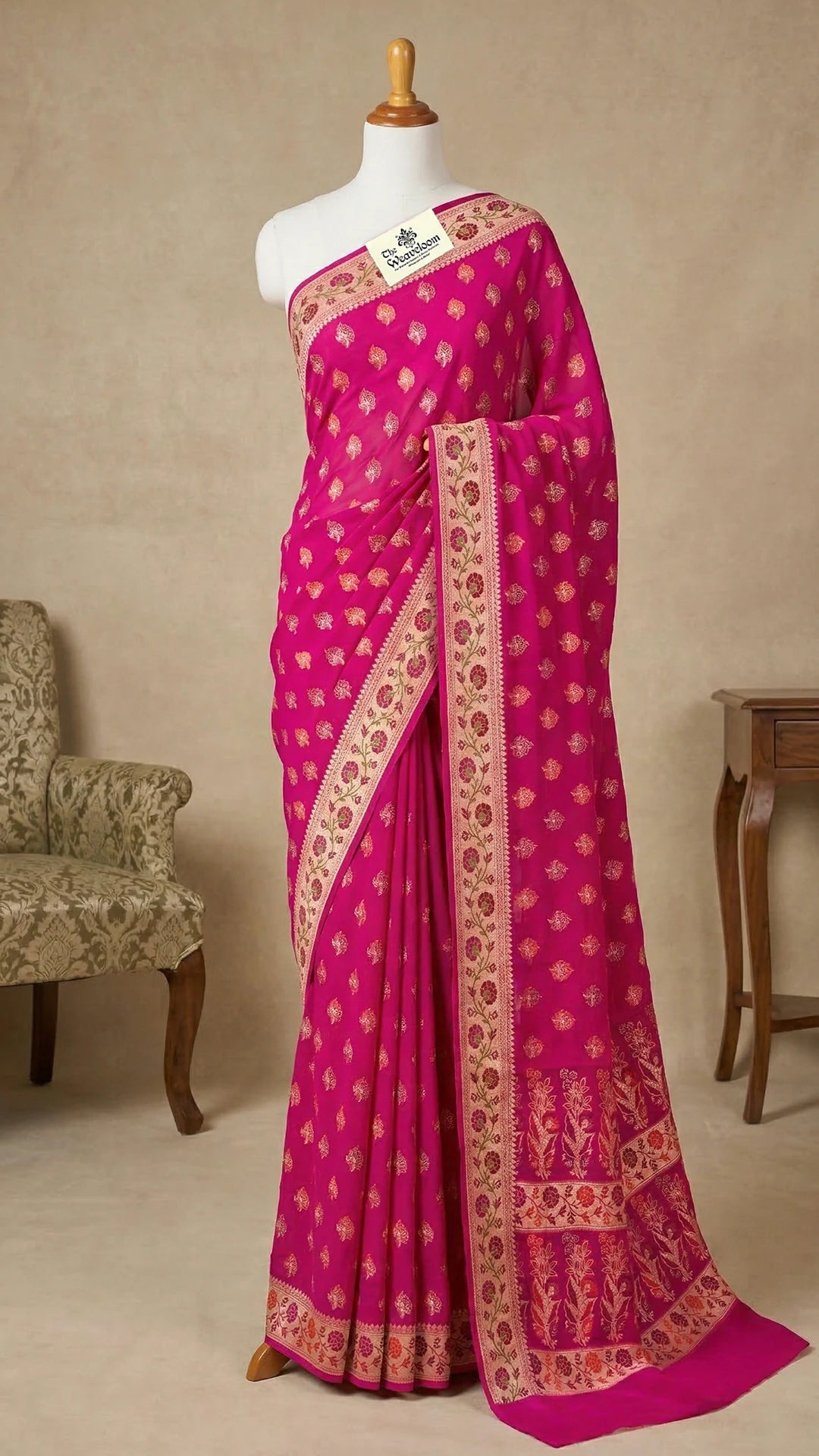 Rani Pink Pure Crepe Georgette Meenakari Banarasi Saree with Floral Zari Border The Weaveloom