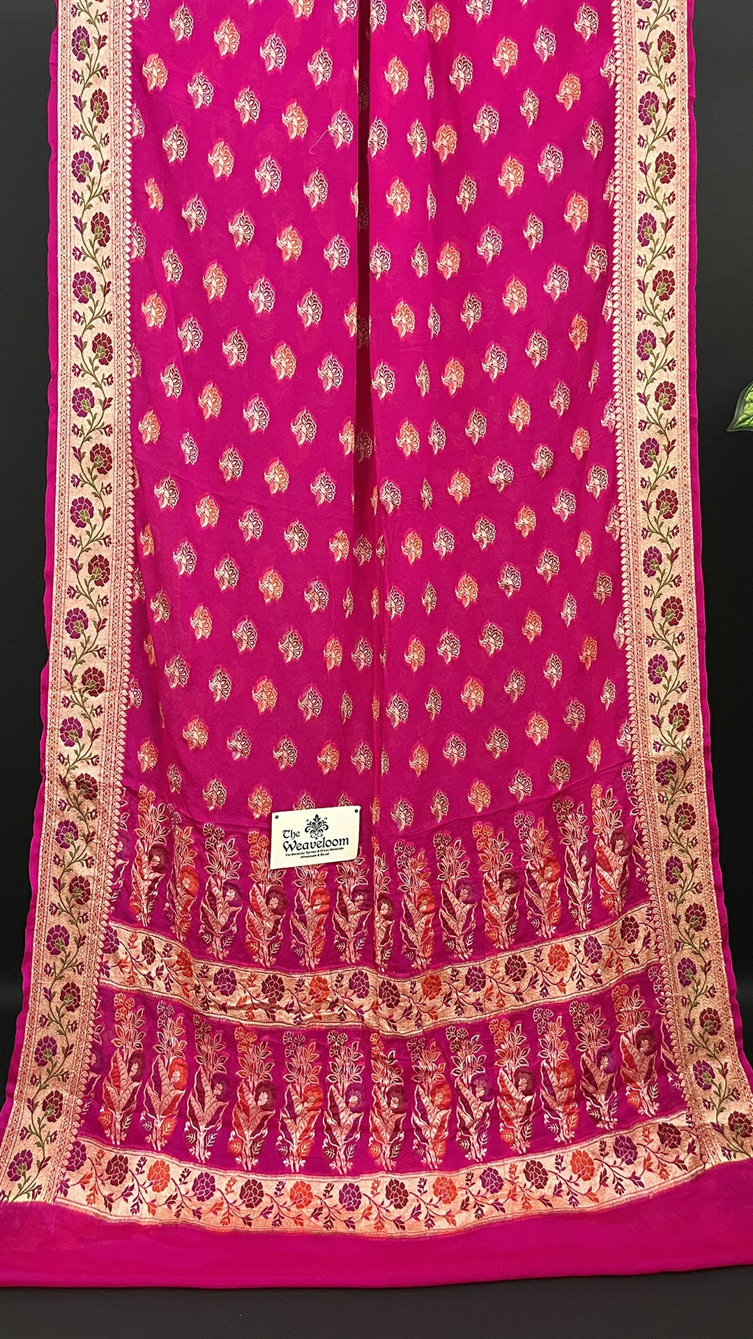 Rani Pink Pure Crepe Georgette Meenakari Banarasi Saree with Floral Zari Border The Weaveloom