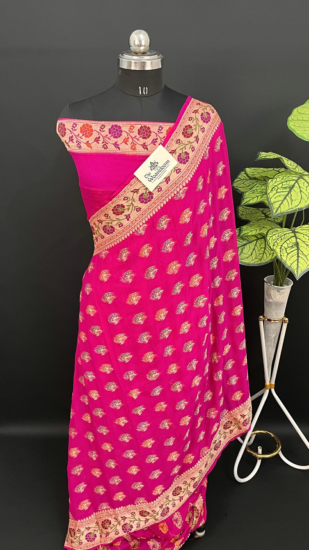 Rani Pink Pure Crepe Georgette Meenakari Banarasi Saree with Floral Zari Border The Weaveloom