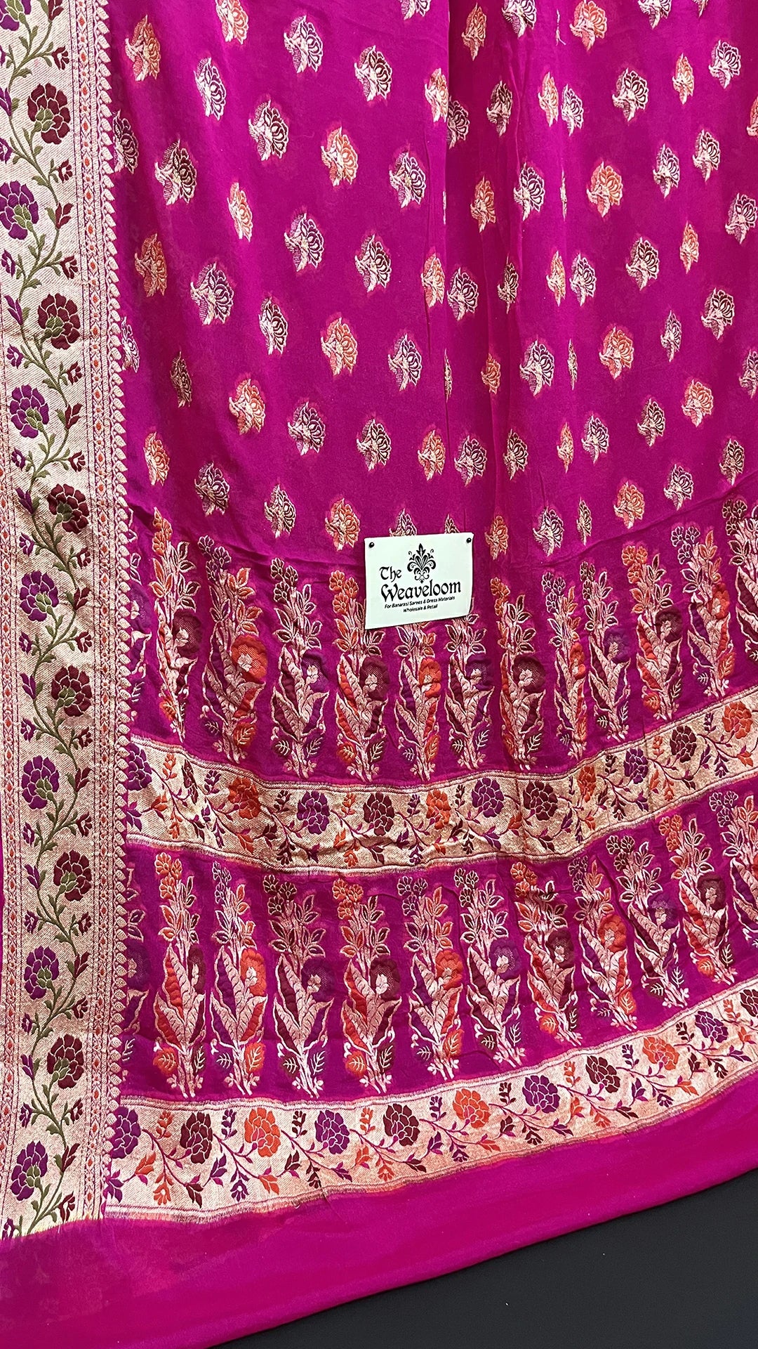 Rani Pink Pure Crepe Georgette Meenakari Banarasi Saree with Floral Zari Border The Weaveloom