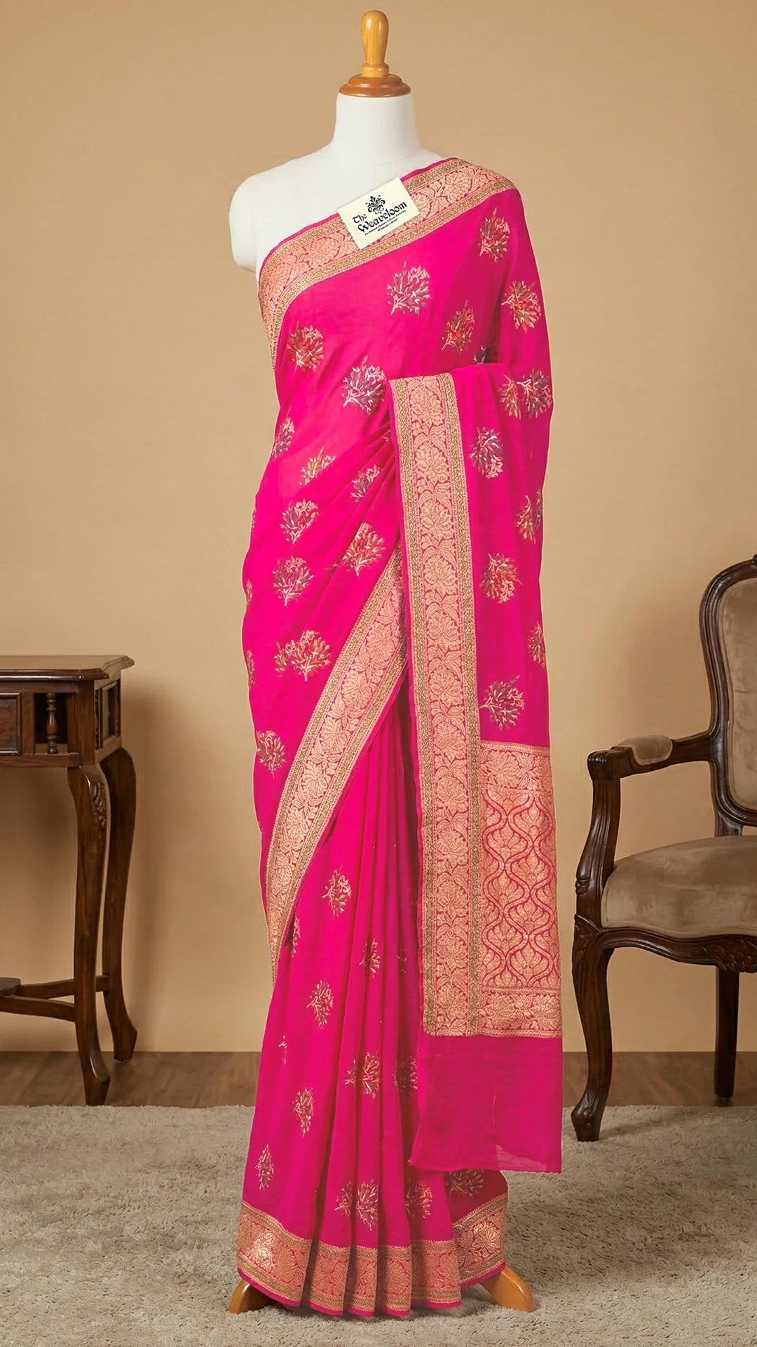 The Weaveloom Rani Pink Crepe Georgette Pure Banarasi Saree with Meenakari Floral Buta and Golden Zari Border