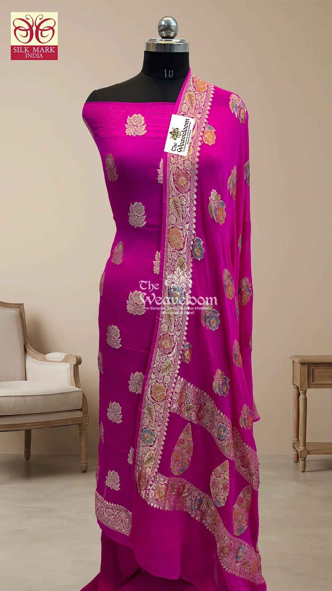 Rani Pink Floral Buti Khaddi Georgette Pure Banarasi Dress Material by The Weaveloom