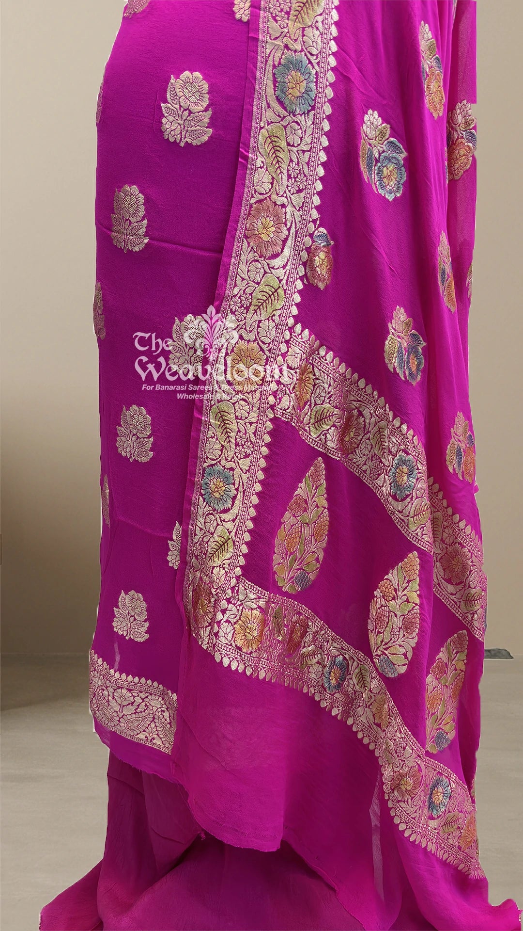 Rani Pink Floral Buti Khaddi Georgette Pure Banarasi Dress Material by The Weaveloom