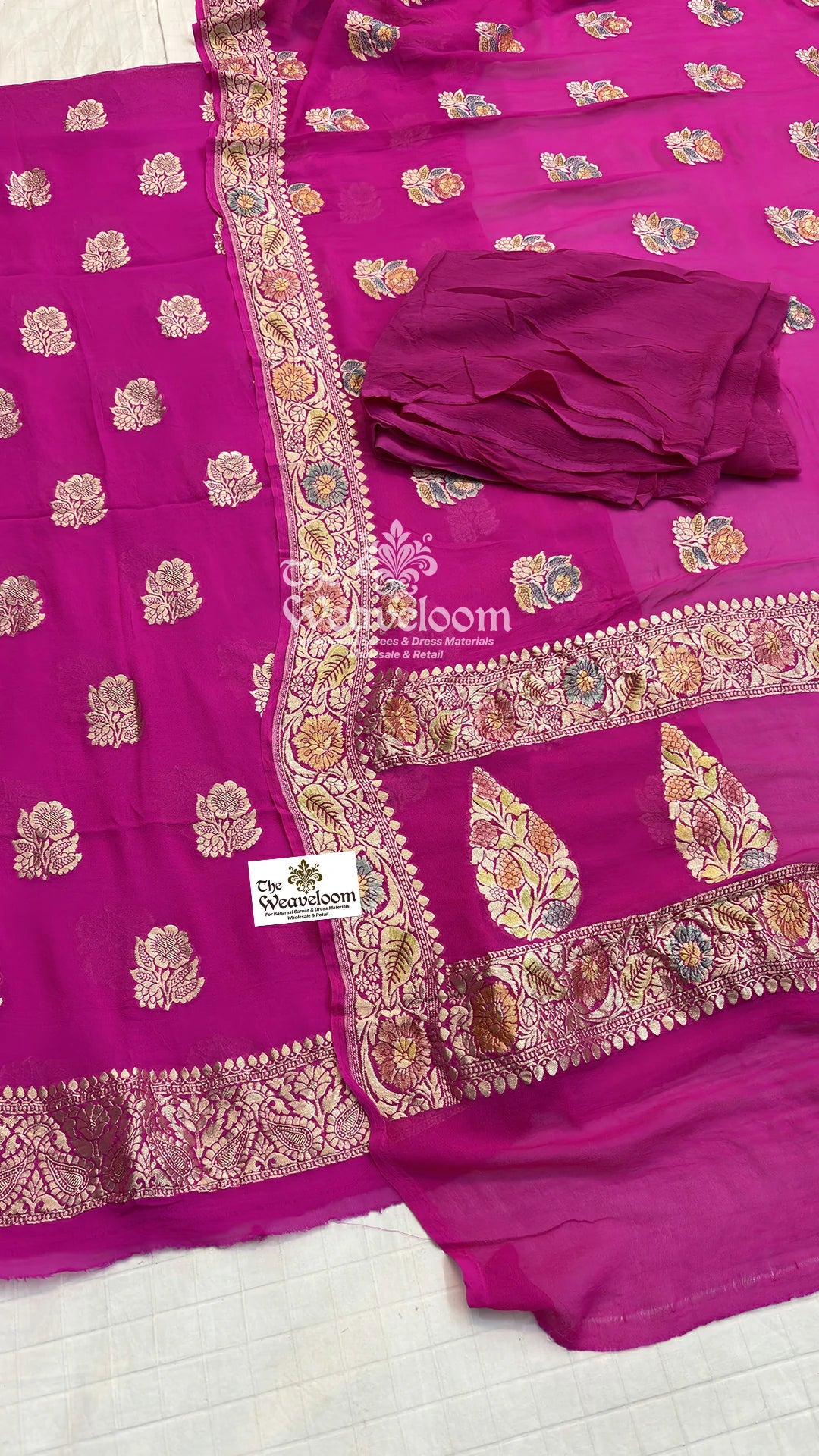 Rani Pink Floral Buti Khaddi Georgette Pure Banarasi Dress Material by The Weaveloom