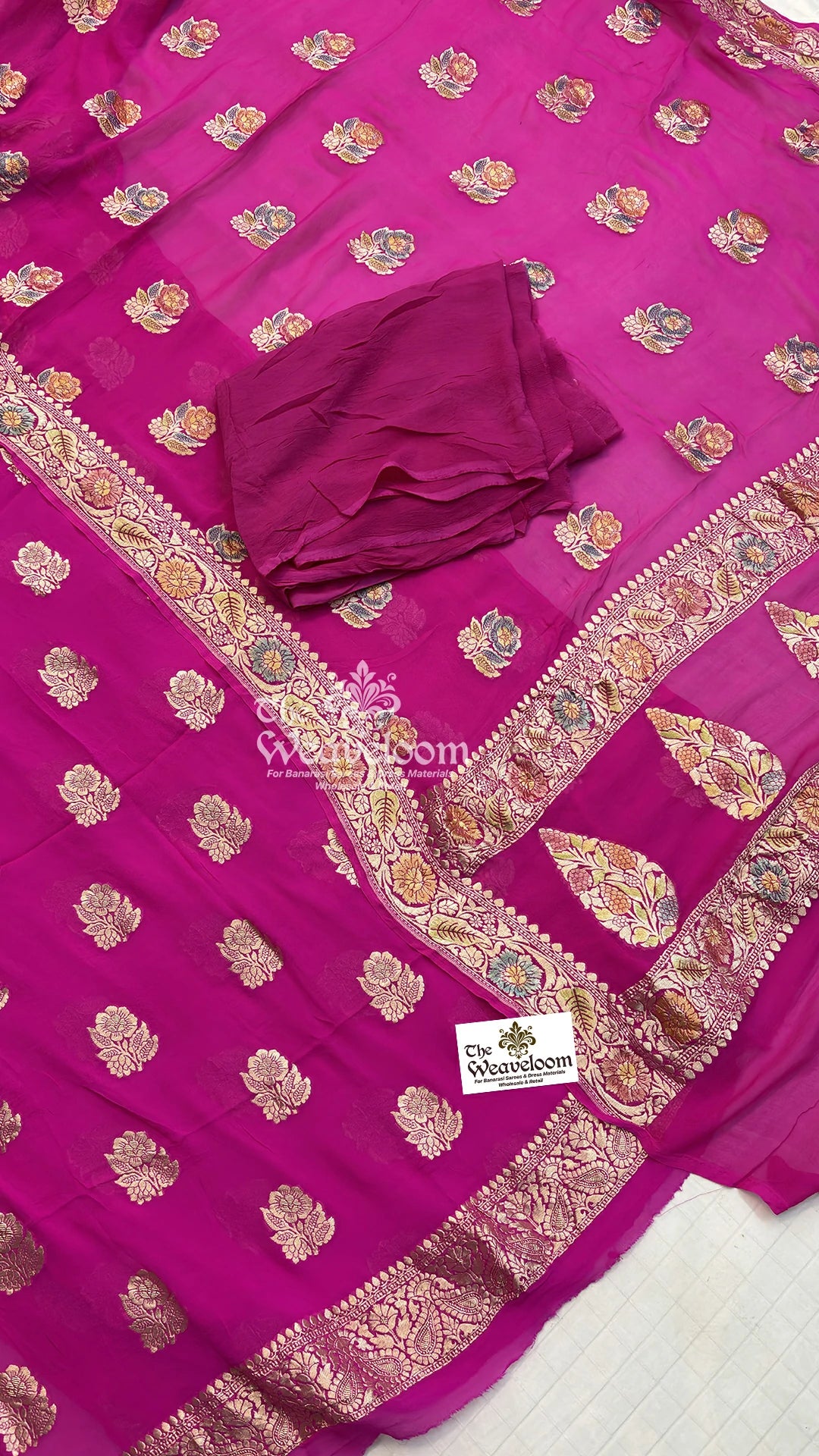 Rani Pink Floral Buti Khaddi Georgette Pure Banarasi Dress Material by The Weaveloom