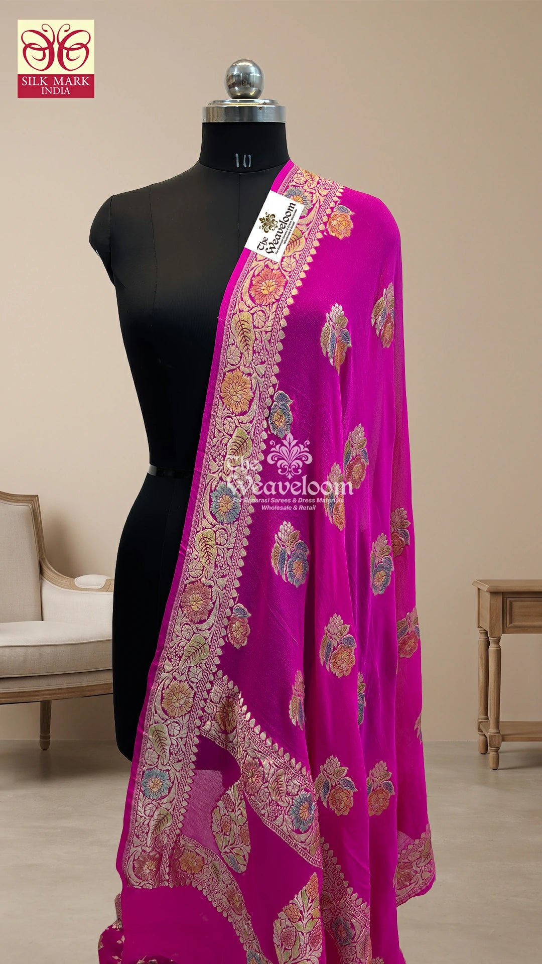 Rani pink floral buti Khaddi Georgette pure Banarasi dupatta by The Weaveloom