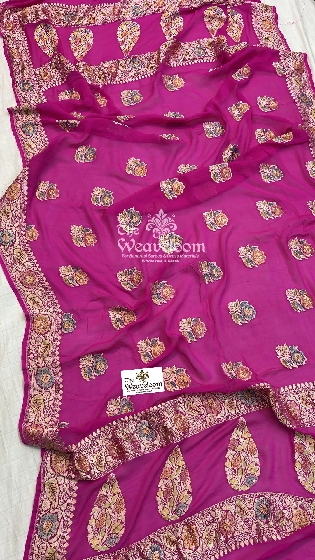 Rani pink floral buti Khaddi Georgette pure Banarasi dupatta by The Weaveloom