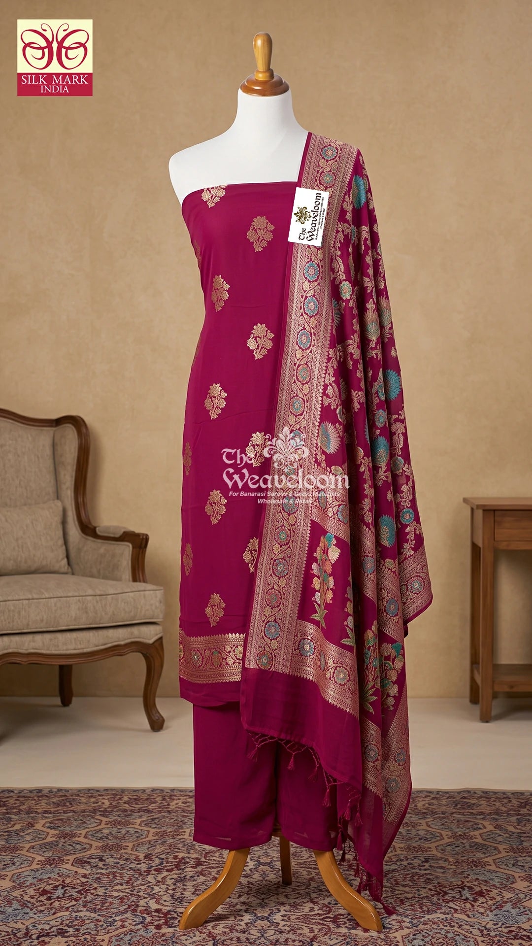 Rani Pink Floral Butti Khaddi Georgette Pure Banarasi Dress Material by The Weaveloom