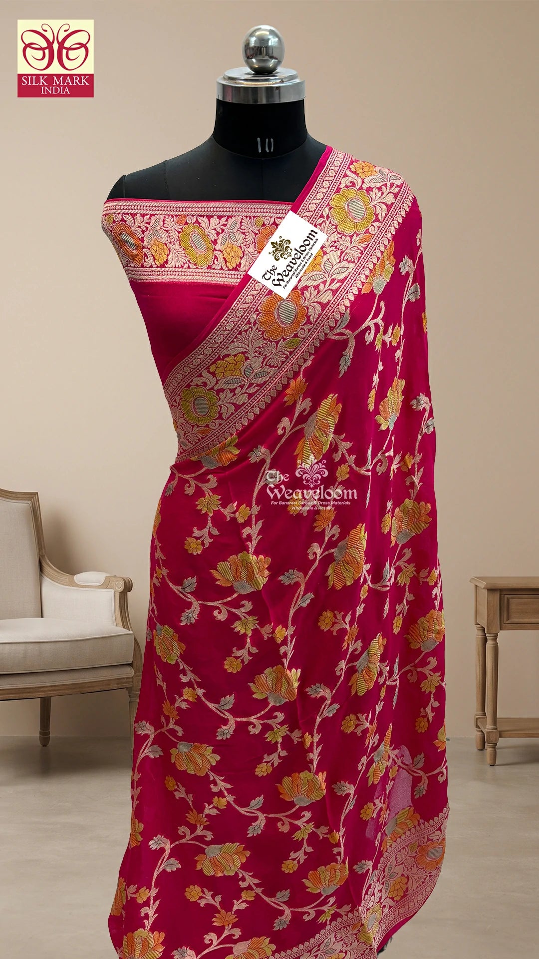 Rani Pink Floral Jaal Handbrush Dye Pure Banarasi Saree by The Weaveloom
