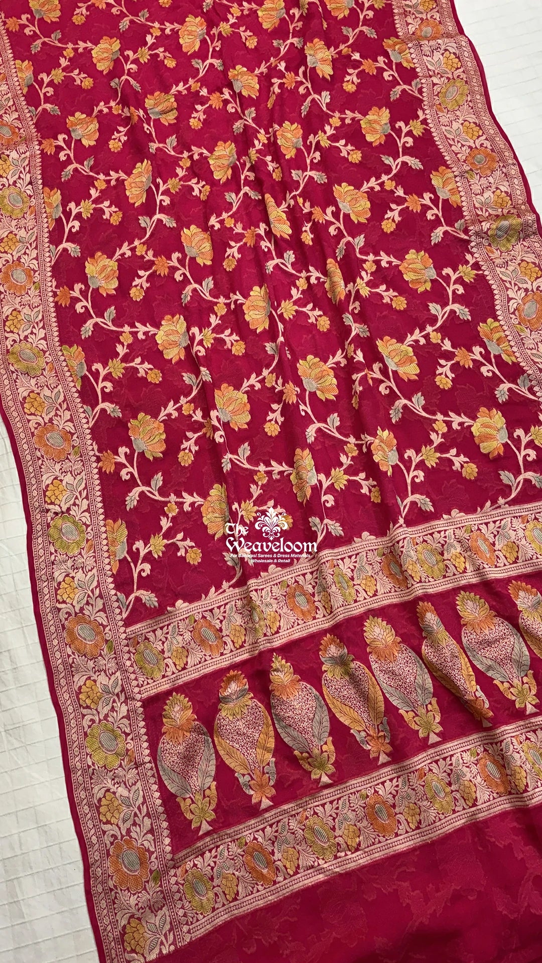 Rani Pink Floral Jaal Handbrush Dye Pure Banarasi Saree by The Weaveloom