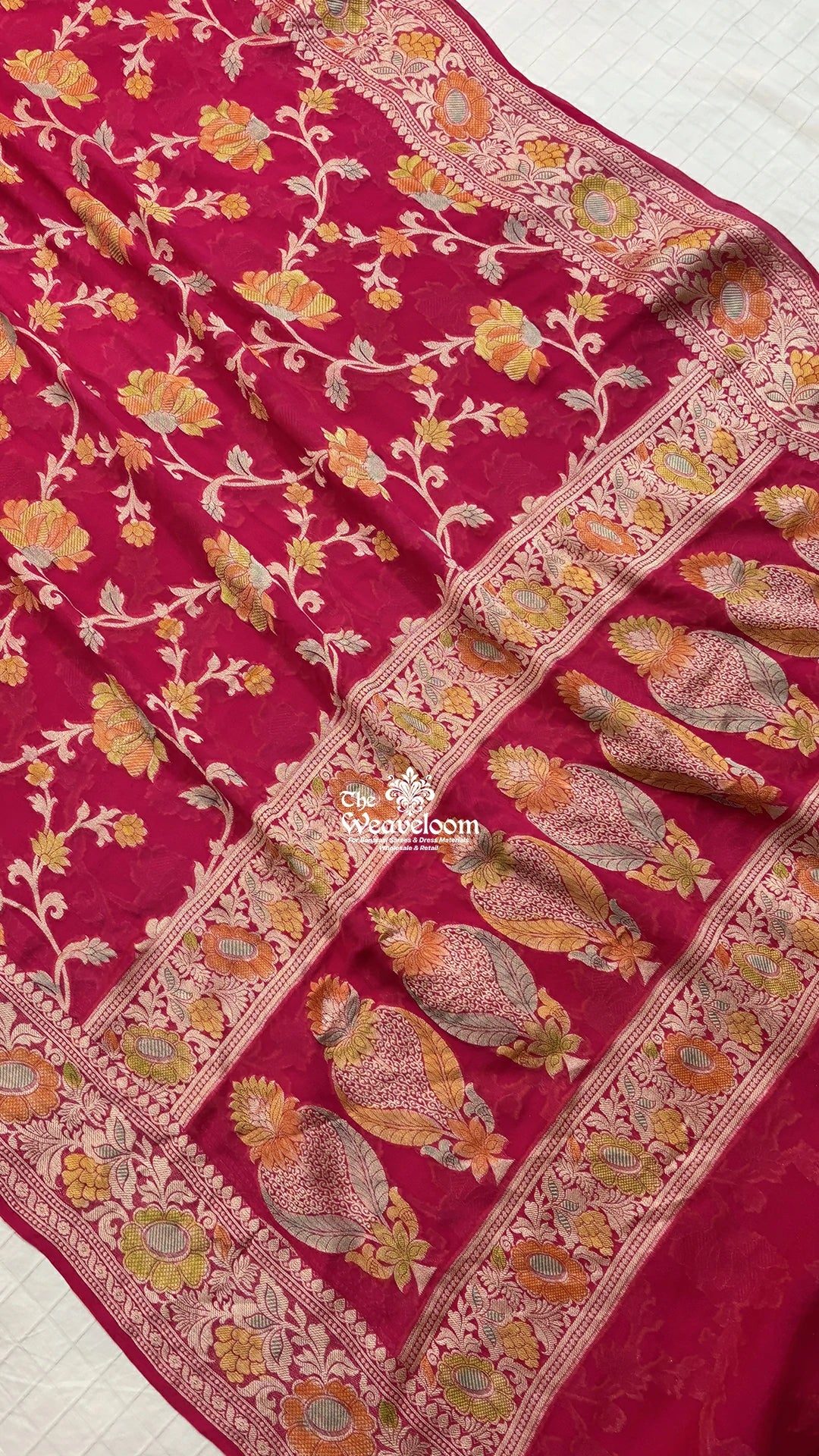 Rani Pink Floral Jaal Handbrush Dye Pure Banarasi Saree by The Weaveloom