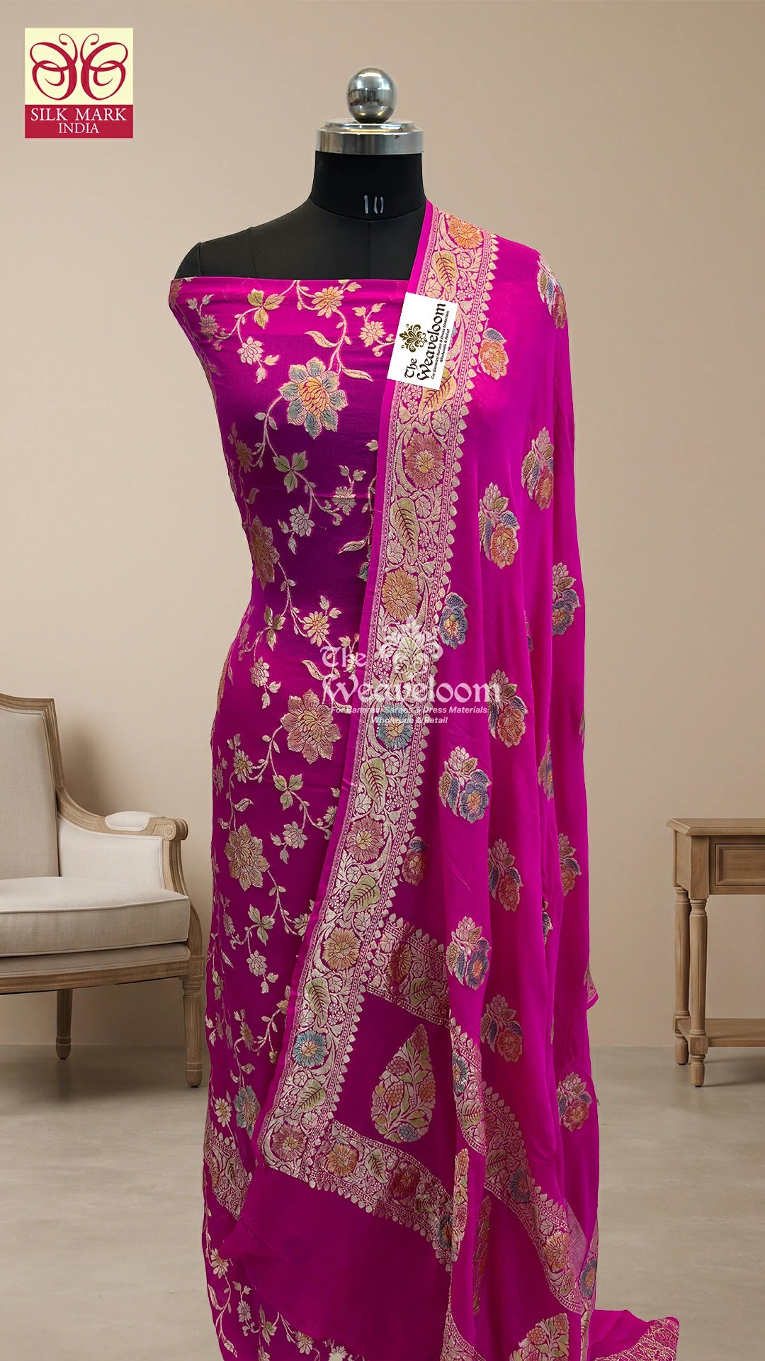 Rani Pink Floral Jaal Khaddi Georgette Pure Banarasi Dress Material with Handbrush Work by The Weaveloom
