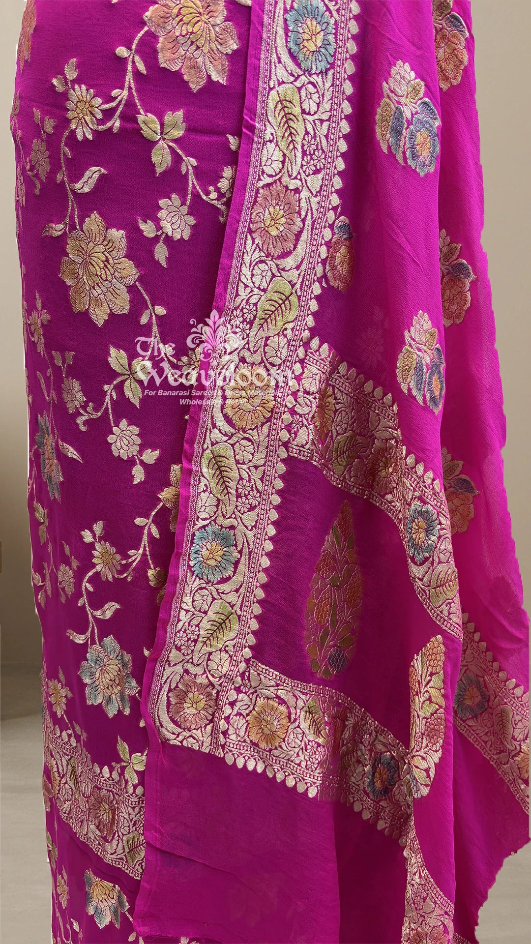 Rani Pink Floral Jaal Khaddi Georgette Pure Banarasi Dress Material with Handbrush Work by The Weaveloom