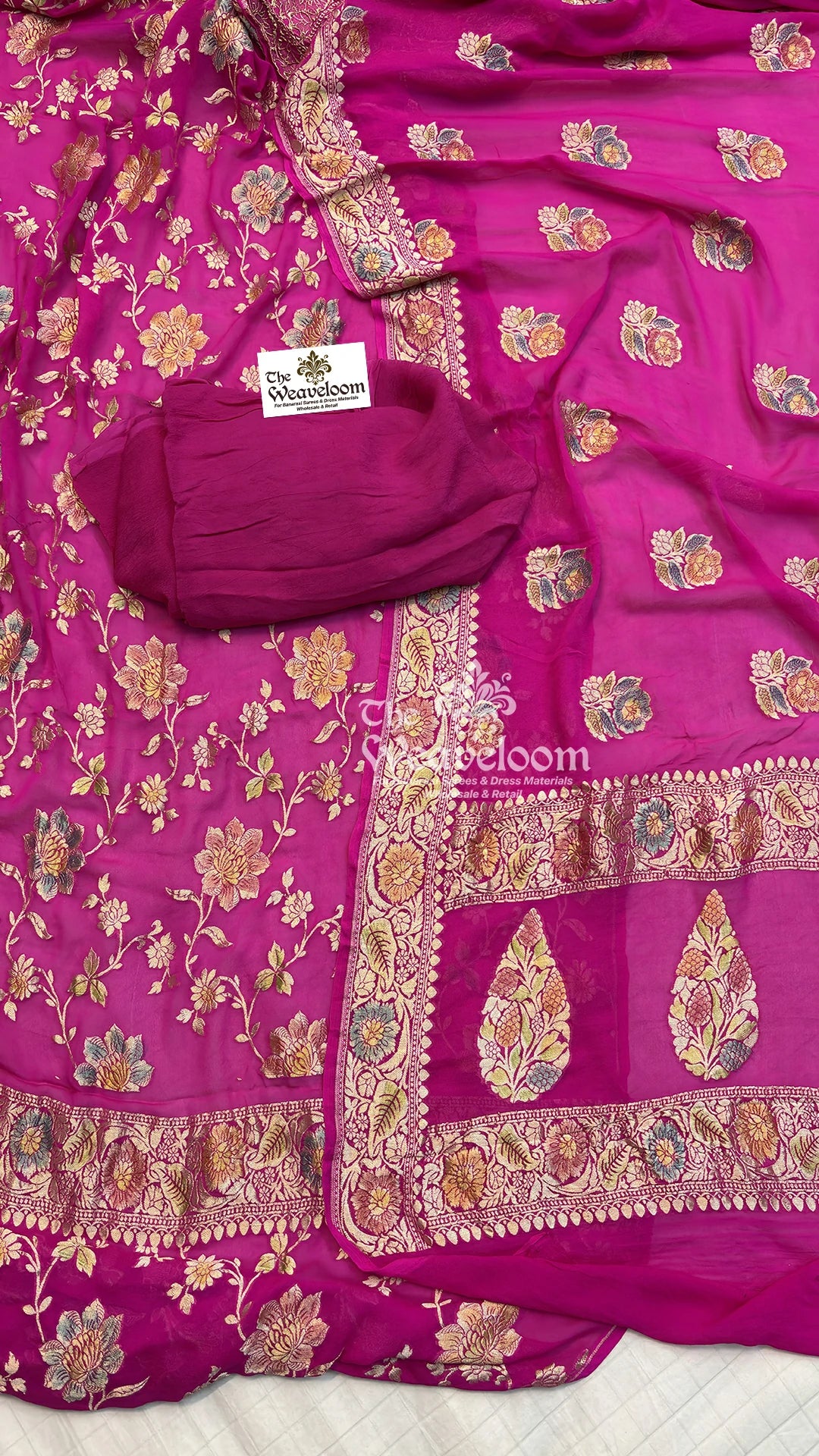 Rani Pink Floral Jaal Khaddi Georgette Pure Banarasi Dress Material with Handbrush Work by The Weaveloom