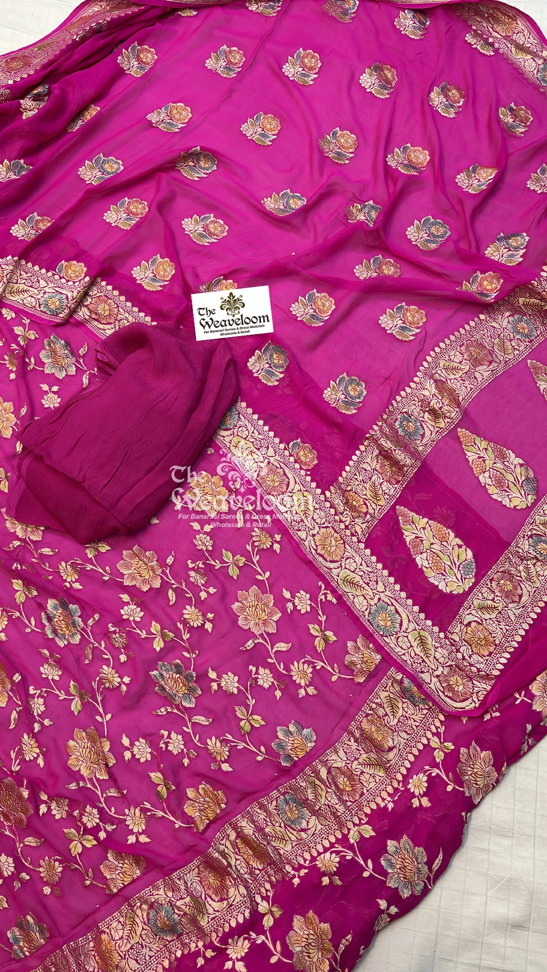 Rani Pink Floral Jaal Khaddi Georgette Pure Banarasi Dress Material with Handbrush Work by The Weaveloom