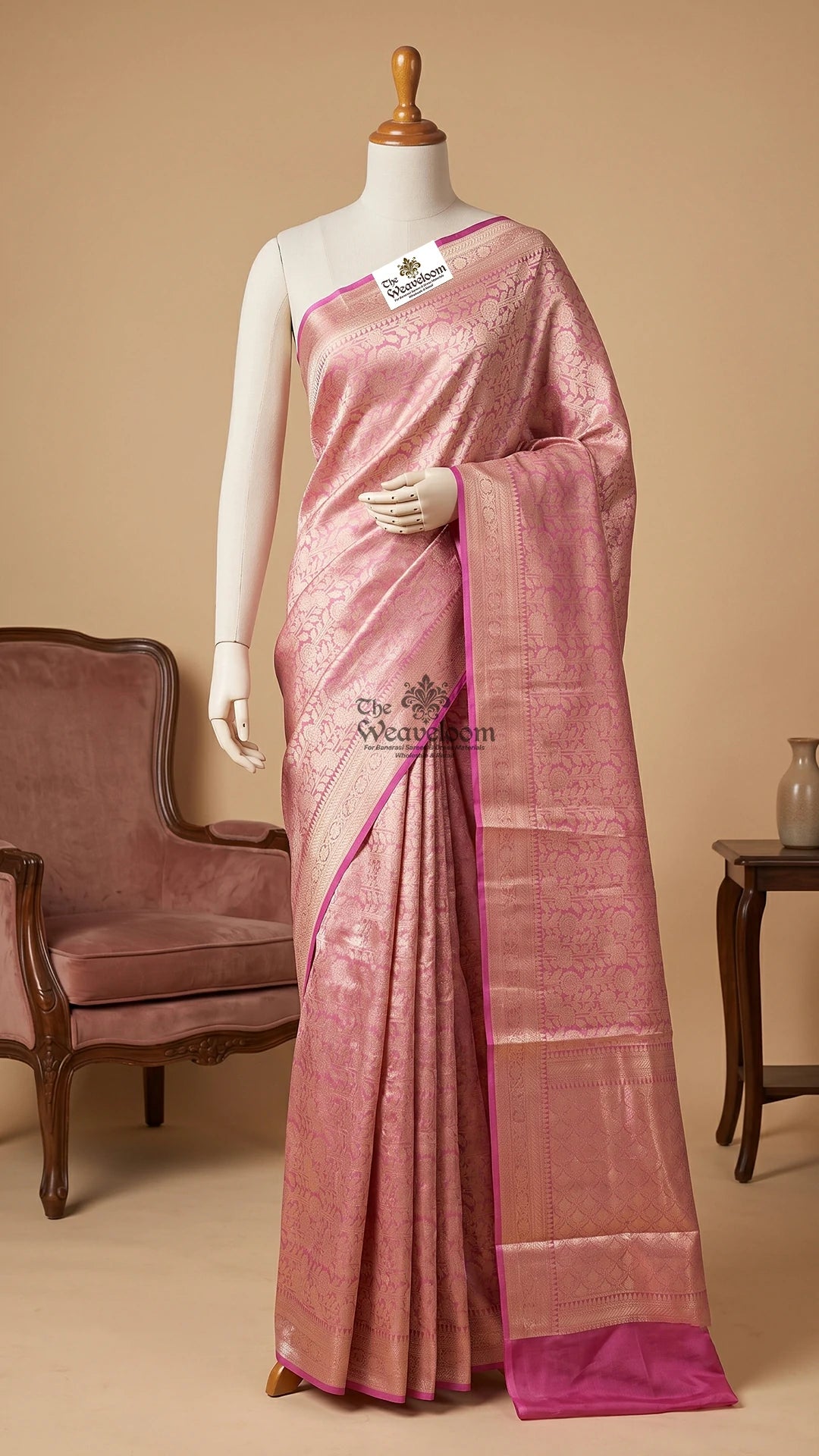 Rani Pink Floral Jaal Pure Tissue Silk Brocade Banarasi Saree by The Weaveloom