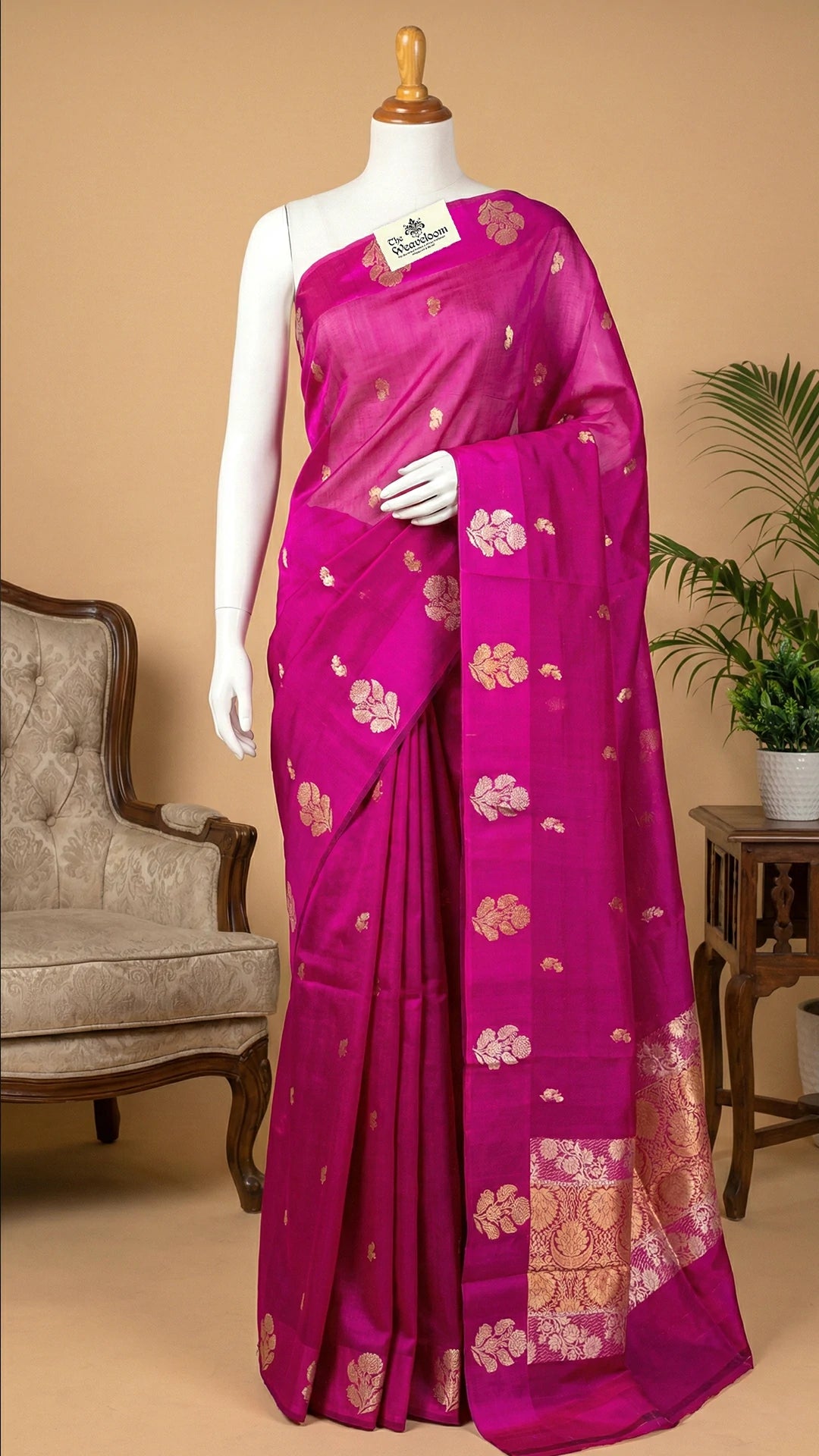 Rani Pink Floral Sona Rupa Zari Kora Silk Pure Handloom Banarasi Saree The Weaveloom