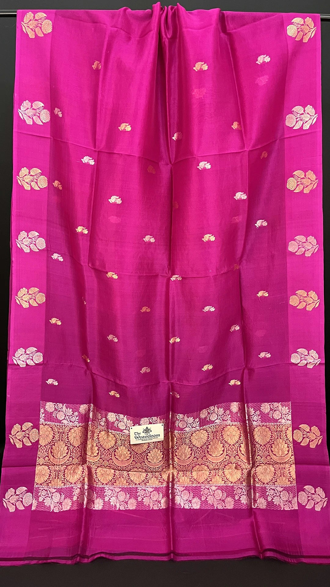 Rani Pink Floral Sona Rupa Zari Kora Silk Pure Handloom Banarasi Saree The Weaveloom