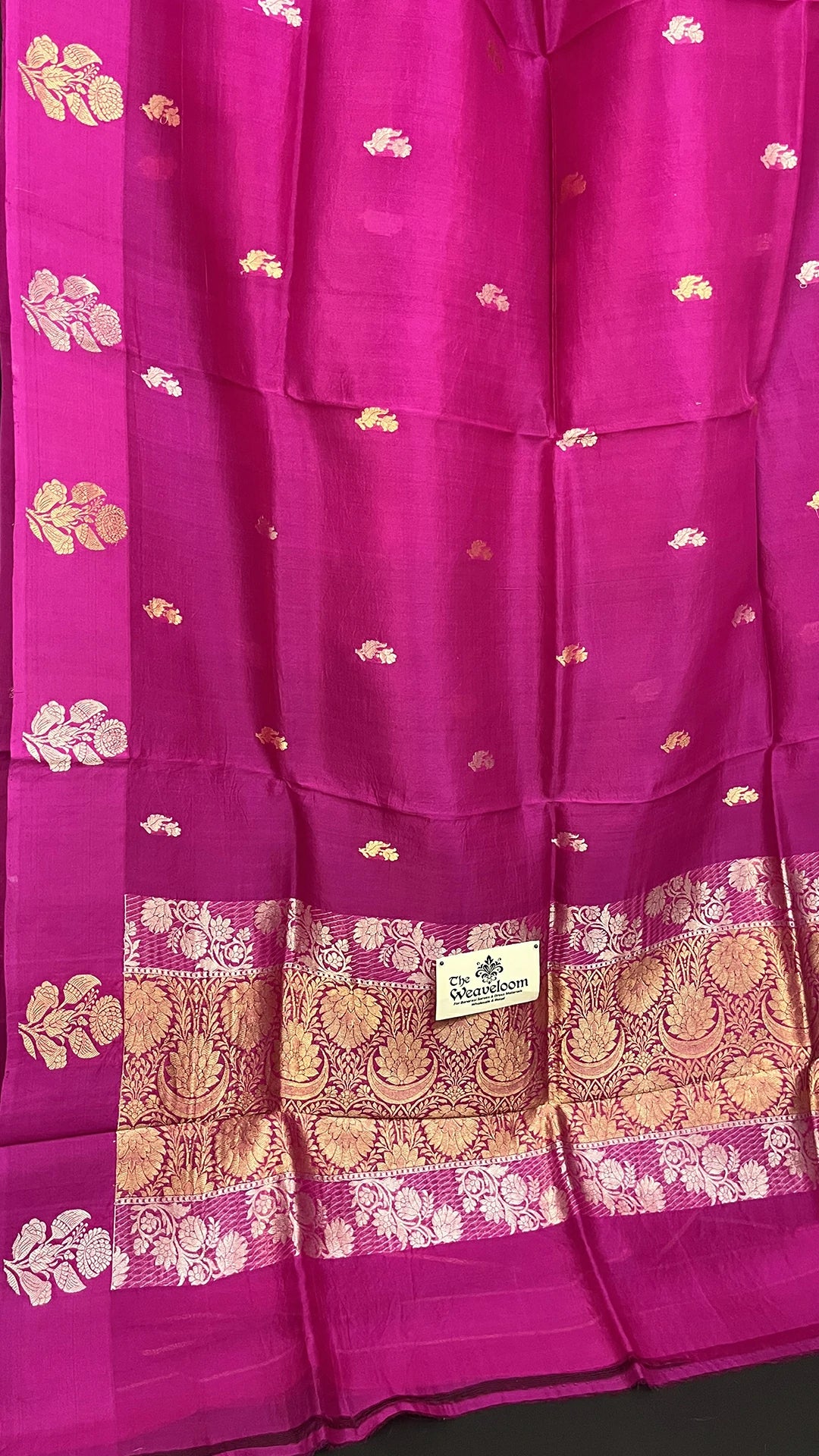 Rani Pink Floral Sona Rupa Zari Kora Silk Pure Handloom Banarasi Saree The Weaveloom