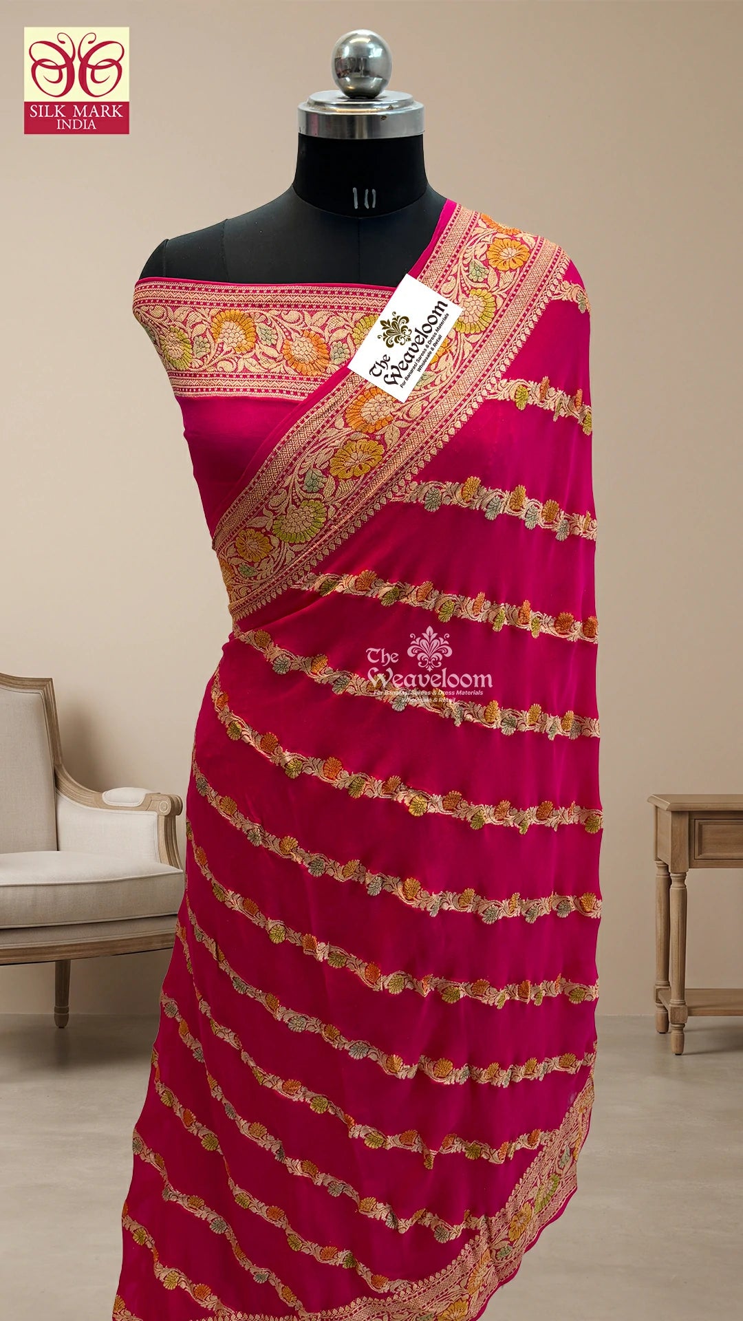 Rani Pink Floral Stripe Handbrush Kalamkari Crepe Georgette Pure Banarasi Saree by The Weaveloom