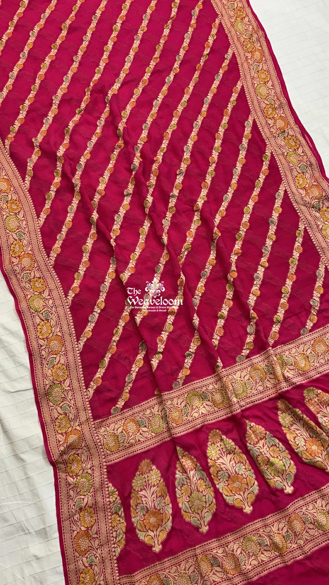 Rani Pink Floral Stripe Handbrush Kalamkari Crepe Georgette Pure Banarasi Saree by The Weaveloom