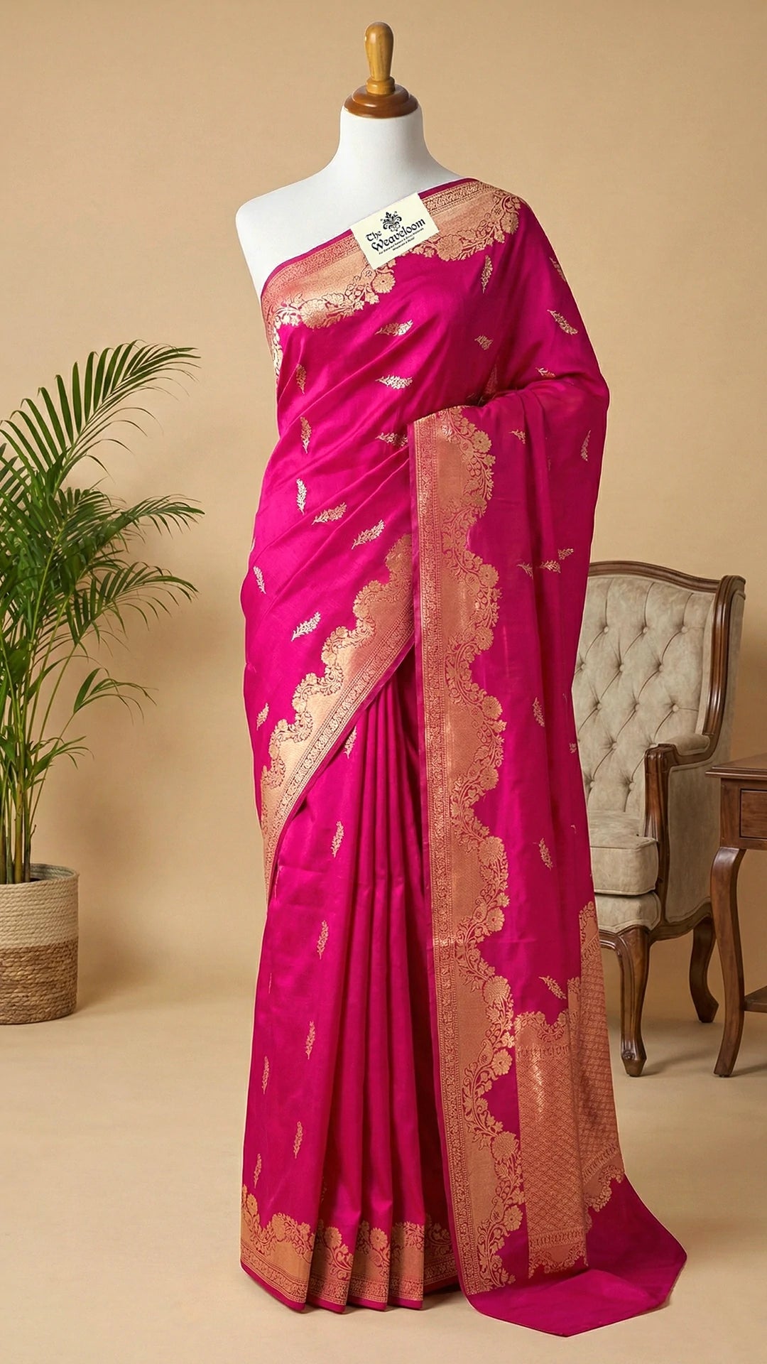 Rani Pink Floral Zari Border Raw Mango Silk Pure Handloom Banarasi Saree by The Weaveloom with Kadwa Weave and Sona Rupa Zari Buti
