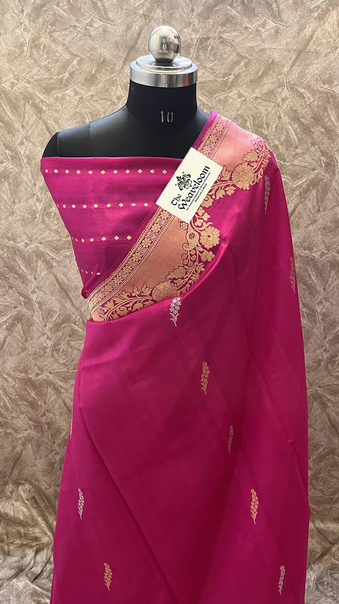 Rani Pink Floral Zari Border Raw Mango Silk Pure Handloom Banarasi Saree by The Weaveloom with Kadwa Weave and Sona Rupa Zari Buti