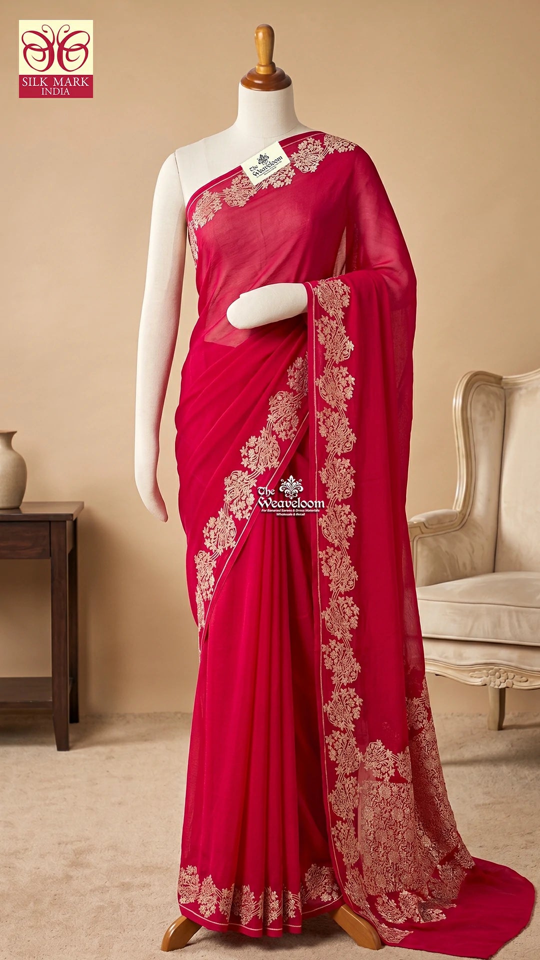 Rani pink floral zari embroidered pure Banarasi saree by The Weaveloom