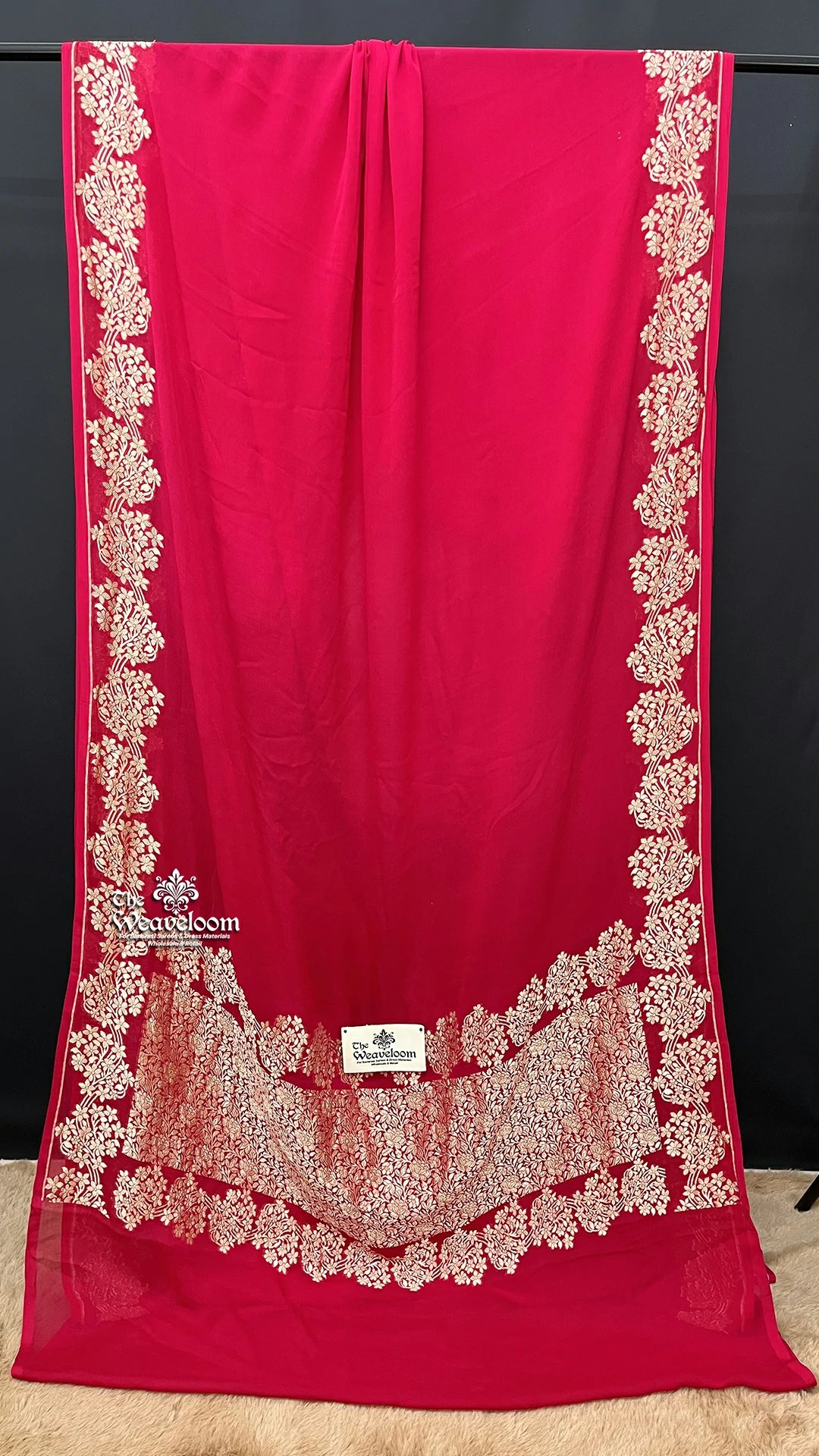 Rani pink floral zari embroidered pure Banarasi saree by The Weaveloom
