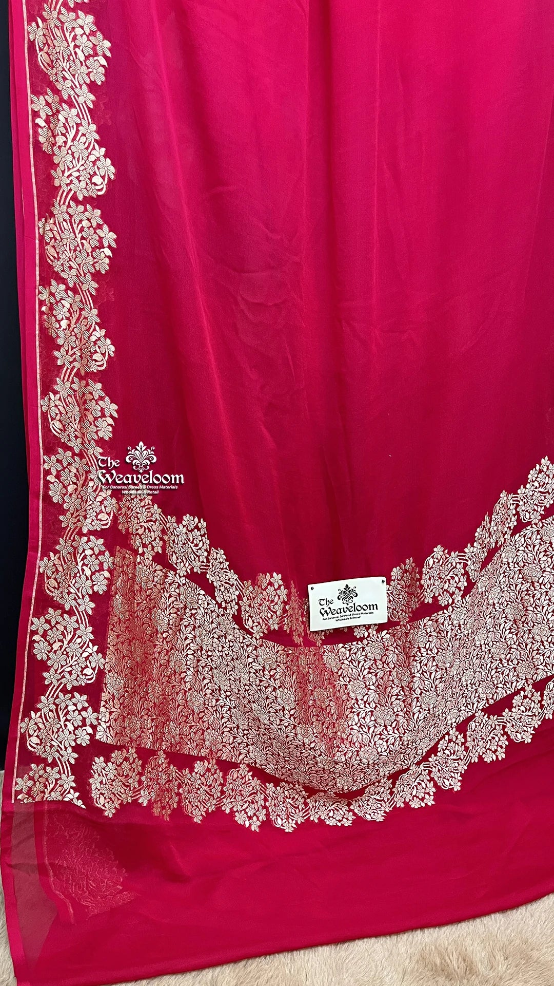 Rani pink floral zari embroidered pure Banarasi saree by The Weaveloom