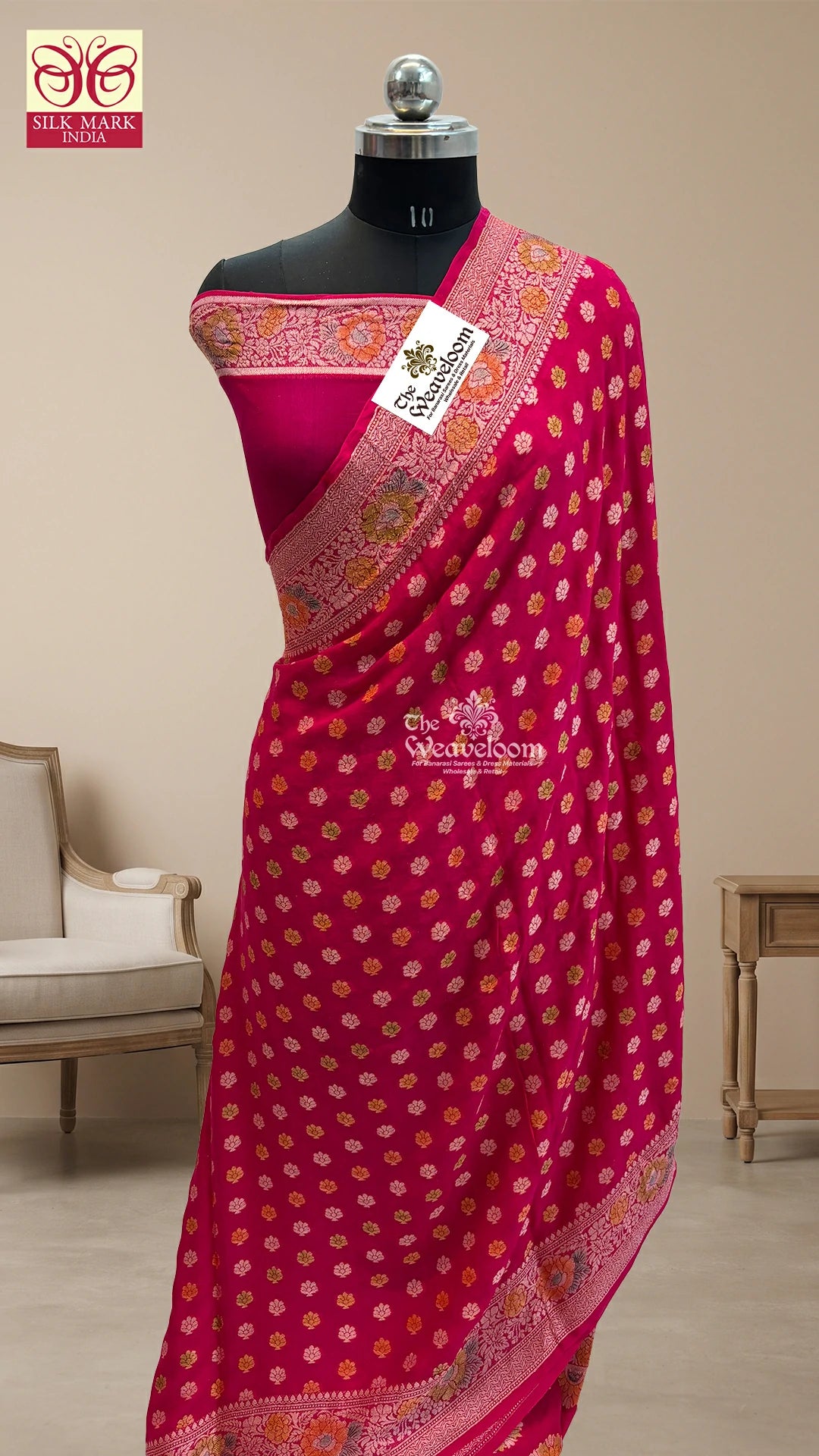 Rani pink handbrush dye floral booti pure Banarasi saree in crepe georgette by The Weaveloom